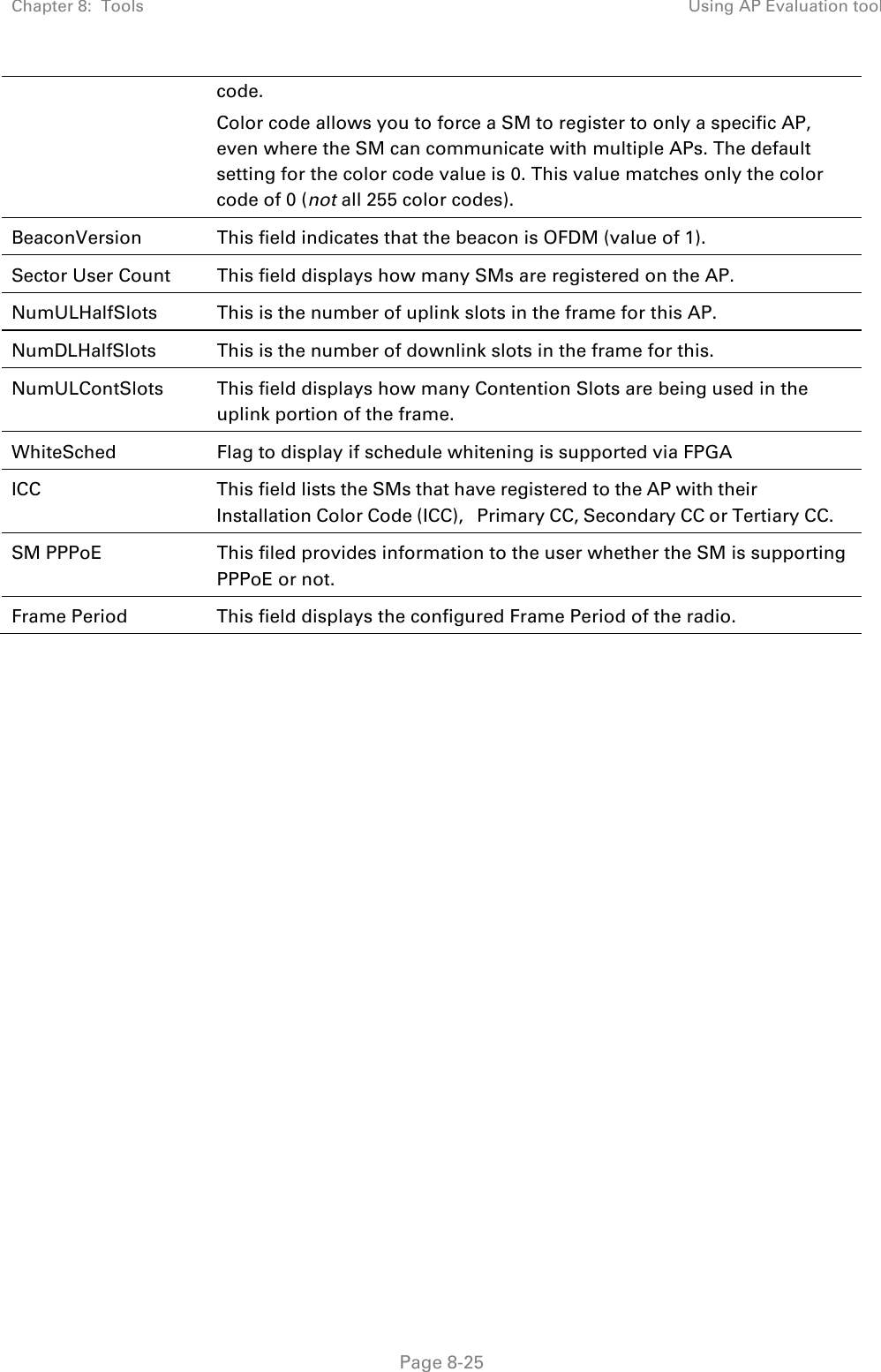 Chapter 8:  Tools Using AP Evaluation tool   Page 8-25 code.   Color code allows you to force a SM to register to only a specific AP, even where the SM can communicate with multiple APs. The default setting for the color code value is 0. This value matches only the color code of 0 (not all 255 color codes). BeaconVersion This field indicates that the beacon is OFDM (value of 1). Sector User Count This field displays how many SMs are registered on the AP. NumULHalfSlots This is the number of uplink slots in the frame for this AP.  NumDLHalfSlots This is the number of downlink slots in the frame for this.  NumULContSlots This field displays how many Contention Slots are being used in the uplink portion of the frame. WhiteSched Flag to display if schedule whitening is supported via FPGA ICC This field lists the SMs that have registered to the AP with their Installation Color Code (ICC), Primary CC, Secondary CC or Tertiary CC. SM PPPoE This filed provides information to the user whether the SM is supporting PPPoE or not. Frame Period This field displays the configured Frame Period of the radio.   
