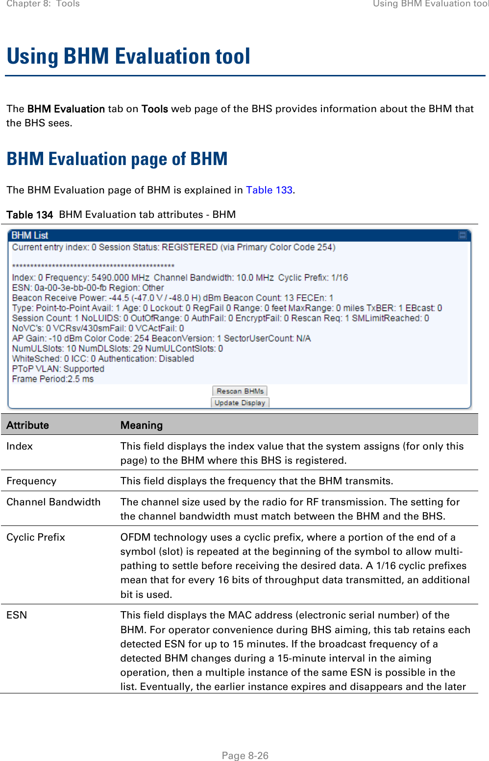 Chapter 8:  Tools Using BHM Evaluation tool   Page 8-26 Using BHM Evaluation tool The BHM Evaluation tab on Tools web page of the BHS provides information about the BHM that the BHS sees. BHM Evaluation page of BHM The BHM Evaluation page of BHM is explained in Table 133. Table 134  BHM Evaluation tab attributes - BHM  Attribute Meaning Index This field displays the index value that the system assigns (for only this page) to the BHM where this BHS is registered. Frequency This field displays the frequency that the BHM transmits. Channel Bandwidth The channel size used by the radio for RF transmission. The setting for the channel bandwidth must match between the BHM and the BHS.   Cyclic Prefix OFDM technology uses a cyclic prefix, where a portion of the end of a symbol (slot) is repeated at the beginning of the symbol to allow multi-pathing to settle before receiving the desired data. A 1/16 cyclic prefixes mean that for every 16 bits of throughput data transmitted, an additional bit is used. ESN This field displays the MAC address (electronic serial number) of the BHM. For operator convenience during BHS aiming, this tab retains each detected ESN for up to 15 minutes. If the broadcast frequency of a detected BHM changes during a 15-minute interval in the aiming operation, then a multiple instance of the same ESN is possible in the list. Eventually, the earlier instance expires and disappears and the later 