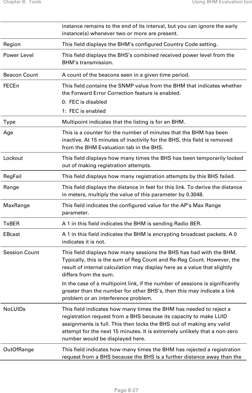 Chapter 8:  Tools Using BHM Evaluation tool   Page 8-27 instance remains to the end of its interval, but you can ignore the early instance(s) whenever two or more are present. Region This field displays the BHM’s configured Country Code setting. Power Level  This field displays the BHS’s combined received power level from the BHM’s transmission. Beacon Count A count of the beacons seen in a given time period. FECEn This field contains the SNMP value from the BHM that indicates whether the Forward Error Correction feature is enabled. 0:  FEC is disabled 1:  FEC is enabled Type Multipoint indicates that the listing is for an BHM. Age This is a counter for the number of minutes that the BHM has been inactive. At 15 minutes of inactivity for the BHS, this field is removed from the BHM Evaluation tab in the BHS. Lockout This field displays how many times the BHS has been temporarily locked out of making registration attempts. RegFail This field displays how many registration attempts by this BHS failed. Range This field displays the distance in feet for this link. To derive the distance in meters, multiply the value of this parameter by 0.3048. MaxRange This field indicates the configured value for the AP’s Max Range parameter. TxBER A 1 in this field indicates the BHM is sending Radio BER. EBcast A 1 in this field indicates the BHM is encrypting broadcast packets. A 0 indicates it is not. Session Count  This field displays how many sessions the BHS has had with the BHM. Typically, this is the sum of Reg Count and Re-Reg Count. However, the result of internal calculation may display here as a value that slightly differs from the sum.  In the case of a multipoint link, if the number of sessions is significantly greater than the number for other BHS’s, then this may indicate a link problem or an interference problem. NoLUIDs This field indicates how many times the BHM has needed to reject a registration request from a BHS because its capacity to make LUID assignments is full. This then locks the BHS out of making any valid attempt for the next 15 minutes. It is extremely unlikely that a non-zero number would be displayed here. OutOfRange This field indicates how many times the BHM has rejected a registration request from a BHS because the BHS is a further distance away than the 