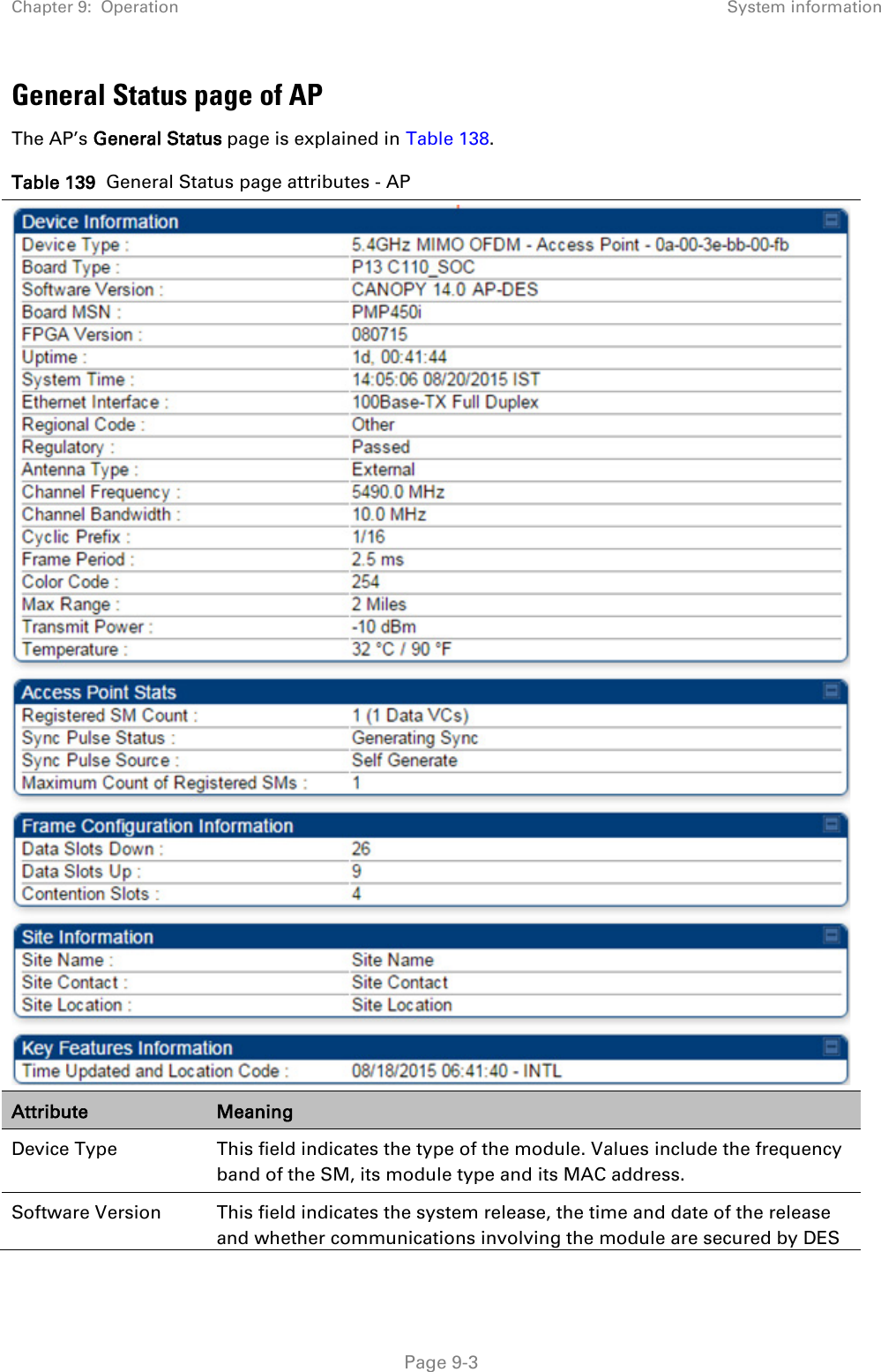 Chapter 9:  Operation System information   Page 9-3 General Status page of AP The AP’s General Status page is explained in Table 138. Table 139  General Status page attributes - AP  Attribute Meaning Device Type This field indicates the type of the module. Values include the frequency band of the SM, its module type and its MAC address. Software Version This field indicates the system release, the time and date of the release and whether communications involving the module are secured by DES 