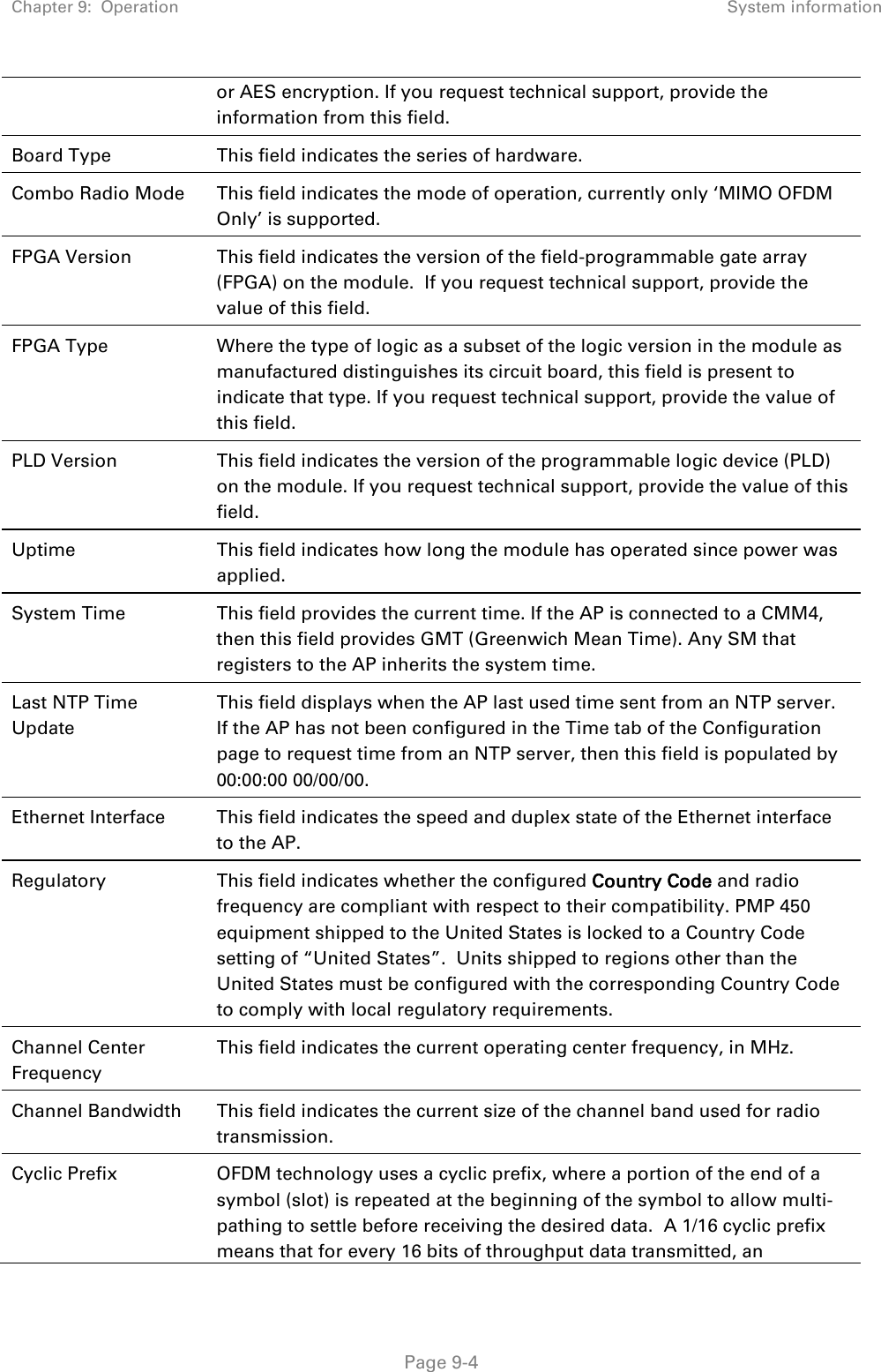 Chapter 9:  Operation System information   Page 9-4 or AES encryption. If you request technical support, provide the information from this field. Board Type This field indicates the series of hardware.  Combo Radio Mode This field indicates the mode of operation, currently only ‘MIMO OFDM Only’ is supported. FPGA Version This field indicates the version of the field-programmable gate array (FPGA) on the module.  If you request technical support, provide the value of this field. FPGA Type Where the type of logic as a subset of the logic version in the module as manufactured distinguishes its circuit board, this field is present to indicate that type. If you request technical support, provide the value of this field. PLD Version This field indicates the version of the programmable logic device (PLD) on the module. If you request technical support, provide the value of this field. Uptime This field indicates how long the module has operated since power was applied. System Time This field provides the current time. If the AP is connected to a CMM4, then this field provides GMT (Greenwich Mean Time). Any SM that registers to the AP inherits the system time. Last NTP Time Update This field displays when the AP last used time sent from an NTP server. If the AP has not been configured in the Time tab of the Configuration page to request time from an NTP server, then this field is populated by 00:00:00 00/00/00. Ethernet Interface This field indicates the speed and duplex state of the Ethernet interface to the AP.  Regulatory  This field indicates whether the configured Country Code and radio frequency are compliant with respect to their compatibility. PMP 450 equipment shipped to the United States is locked to a Country Code setting of “United States”.  Units shipped to regions other than the United States must be configured with the corresponding Country Code to comply with local regulatory requirements. Channel Center Frequency This field indicates the current operating center frequency, in MHz. Channel Bandwidth This field indicates the current size of the channel band used for radio transmission. Cyclic Prefix OFDM technology uses a cyclic prefix, where a portion of the end of a symbol (slot) is repeated at the beginning of the symbol to allow multi-pathing to settle before receiving the desired data.  A 1/16 cyclic prefix means that for every 16 bits of throughput data transmitted, an 