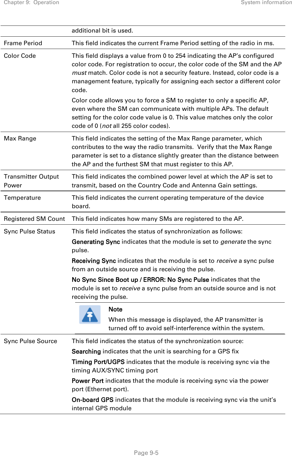 Chapter 9:  Operation System information   Page 9-5 additional bit is used. Frame Period This field indicates the current Frame Period setting of the radio in ms. Color Code This field displays a value from 0 to 254 indicating the AP’s configured color code. For registration to occur, the color code of the SM and the AP must match. Color code is not a security feature. Instead, color code is a management feature, typically for assigning each sector a different color code.   Color code allows you to force a SM to register to only a specific AP, even where the SM can communicate with multiple APs. The default setting for the color code value is 0. This value matches only the color code of 0 (not all 255 color codes). Max Range This field indicates the setting of the Max Range parameter, which contributes to the way the radio transmits.  Verify that the Max Range parameter is set to a distance slightly greater than the distance between the AP and the furthest SM that must register to this AP. Transmitter Output Power This field indicates the combined power level at which the AP is set to transmit, based on the Country Code and Antenna Gain settings.   Temperature This field indicates the current operating temperature of the device board. Registered SM Count This field indicates how many SMs are registered to the AP. Sync Pulse Status  This field indicates the status of synchronization as follows: Generating Sync indicates that the module is set to generate the sync pulse. Receiving Sync indicates that the module is set to receive a sync pulse from an outside source and is receiving the pulse. No Sync Since Boot up / ERROR: No Sync Pulse indicates that the module is set to receive a sync pulse from an outside source and is not receiving the pulse.  Note When this message is displayed, the AP transmitter is turned off to avoid self-interference within the system.  Sync Pulse Source This field indicates the status of the synchronization source: Searching indicates that the unit is searching for a GPS fix Timing Port/UGPS indicates that the module is receiving sync via the timing AUX/SYNC timing port Power Port indicates that the module is receiving sync via the power port (Ethernet port). On-board GPS indicates that the module is receiving sync via the unit’s internal GPS module 
