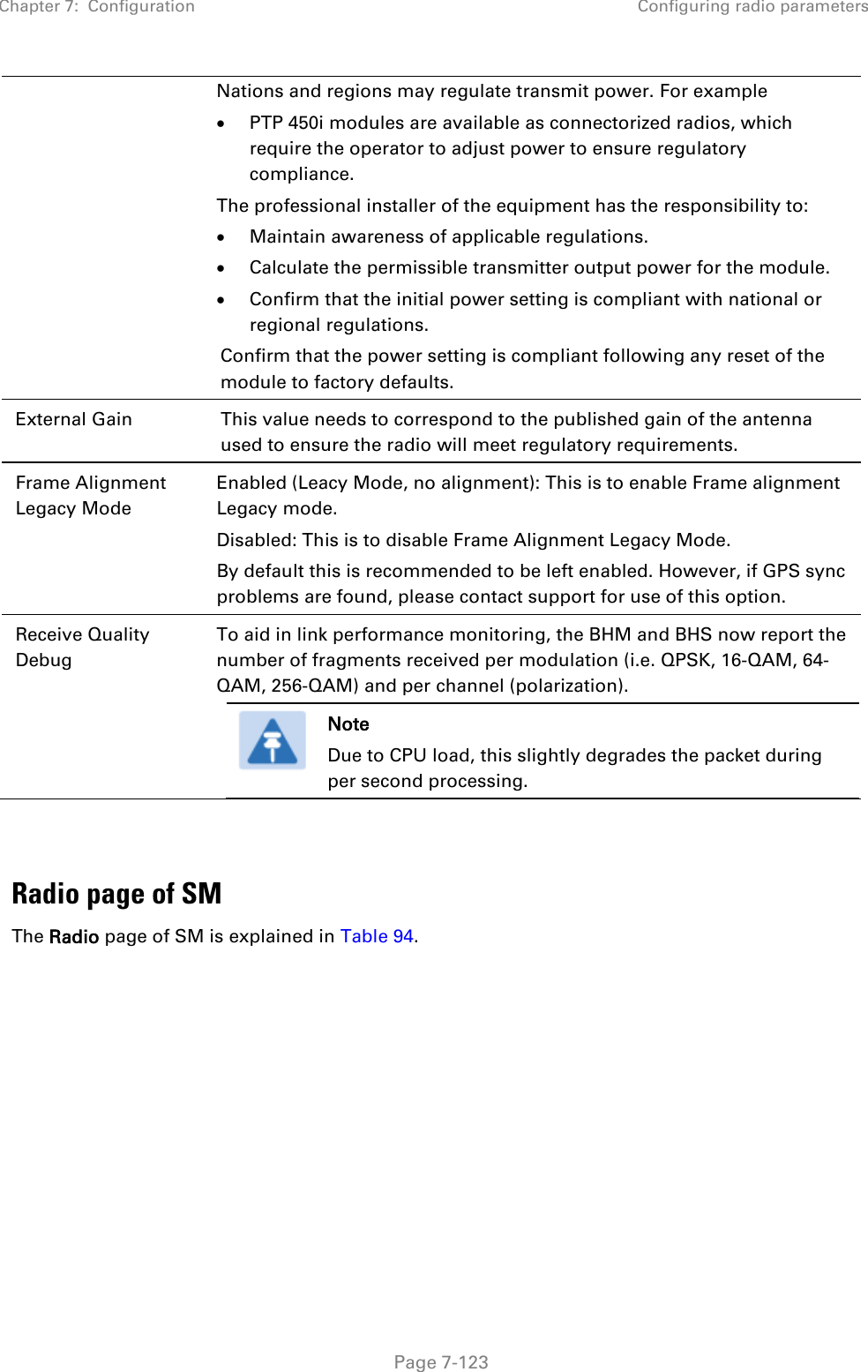 Chapter 7:  Configuration Configuring radio parameters   Page 7-123 Nations and regions may regulate transmit power. For example • PTP 450i modules are available as connectorized radios, which require the operator to adjust power to ensure regulatory compliance. The professional installer of the equipment has the responsibility to: • Maintain awareness of applicable regulations. • Calculate the permissible transmitter output power for the module. • Confirm that the initial power setting is compliant with national or regional regulations. Confirm that the power setting is compliant following any reset of the module to factory defaults. External Gain This value needs to correspond to the published gain of the antenna used to ensure the radio will meet regulatory requirements.  Frame Alignment Legacy Mode Enabled (Leacy Mode, no alignment): This is to enable Frame alignment Legacy mode. Disabled: This is to disable Frame Alignment Legacy Mode. By default this is recommended to be left enabled. However, if GPS sync problems are found, please contact support for use of this option. Receive Quality Debug To aid in link performance monitoring, the BHM and BHS now report the number of fragments received per modulation (i.e. QPSK, 16-QAM, 64-QAM, 256-QAM) and per channel (polarization).  Note Due to CPU load, this slightly degrades the packet during per second processing.    Radio page of SM The Radio page of SM is explained in Table 94.    