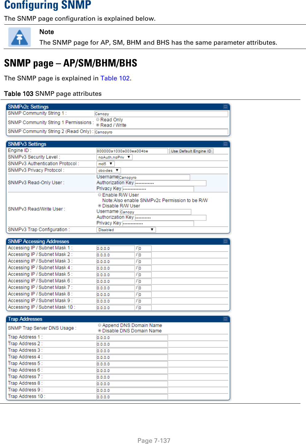   Page 7-137 Configuring SNMP The SNMP page configuration is explained below.  Note The SNMP page for AP, SM, BHM and BHS has the same parameter attributes. SNMP page – AP/SM/BHM/BHS The SNMP page is explained in Table 102. Table 103 SNMP page attributes  