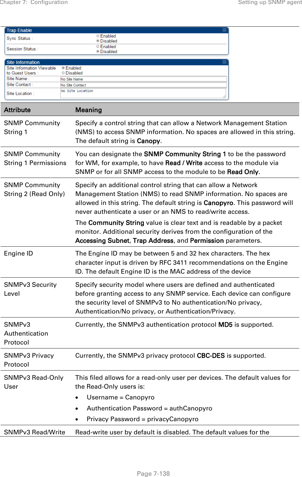 Chapter 7:  Configuration Setting up SNMP agent   Page 7-138  Attribute Meaning SNMP Community String 1 Specify a control string that can allow a Network Management Station (NMS) to access SNMP information. No spaces are allowed in this string. The default string is Canopy.  SNMP Community String 1 Permissions You can designate the SNMP Community String 1 to be the password for WM, for example, to have Read / Write access to the module via SNMP or for all SNMP access to the module to be Read Only. SNMP Community String 2 (Read Only) Specify an additional control string that can allow a Network Management Station (NMS) to read SNMP information. No spaces are allowed in this string. The default string is Canopyro. This password will never authenticate a user or an NMS to read/write access. The Community String value is clear text and is readable by a packet monitor. Additional security derives from the configuration of the Accessing Subnet, Trap Address, and Permission parameters. Engine ID The Engine ID may be between 5 and 32 hex characters. The hex character input is driven by RFC 3411 recommendations on the Engine ID. The default Engine ID is the MAC address of the device SNMPv3 Security Level Specify security model where users are defined and authenticated before granting access to any SNMP service. Each device can configure the security level of SNMPv3 to No authentication/No privacy, Authentication/No privacy, or Authentication/Privacy. SNMPv3 Authentication Protocol Currently, the SNMPv3 authentication protocol MD5 is supported. SNMPv3 Privacy Protocol Currently, the SNMPv3 privacy protocol CBC-DES is supported. SNMPv3 Read-Only User This filed allows for a read-only user per devices. The default values for the Read-Only users is: • Username = Canopyro • Authentication Password = authCanopyro • Privacy Password = privacyCanopyro SNMPv3 Read/Write Read-write user by default is disabled. The default values for the 