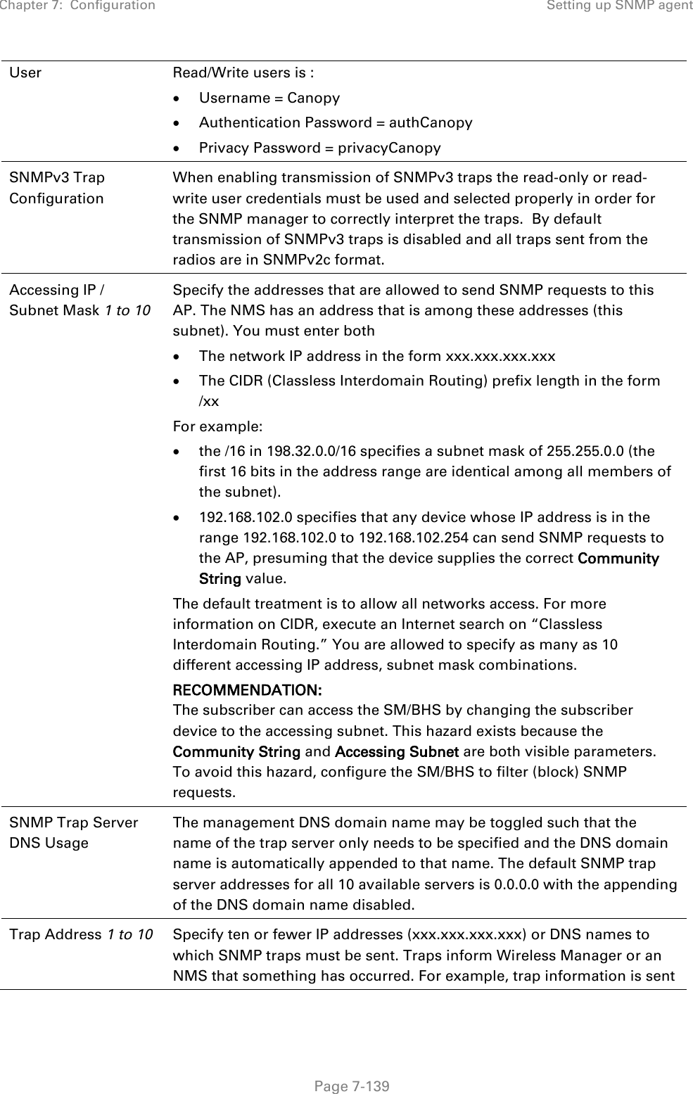 Chapter 7:  Configuration Setting up SNMP agent   Page 7-139 User Read/Write users is : • Username = Canopy • Authentication Password = authCanopy • Privacy Password = privacyCanopy SNMPv3 Trap Configuration When enabling transmission of SNMPv3 traps the read-only or read-write user credentials must be used and selected properly in order for the SNMP manager to correctly interpret the traps.  By default transmission of SNMPv3 traps is disabled and all traps sent from the radios are in SNMPv2c format. Accessing IP / Subnet Mask 1 to 10  Specify the addresses that are allowed to send SNMP requests to this AP. The NMS has an address that is among these addresses (this subnet). You must enter both • The network IP address in the form xxx.xxx.xxx.xxx  • The CIDR (Classless Interdomain Routing) prefix length in the form /xx  For example: • the /16 in 198.32.0.0/16 specifies a subnet mask of 255.255.0.0 (the first 16 bits in the address range are identical among all members of the subnet).  • 192.168.102.0 specifies that any device whose IP address is in the range 192.168.102.0 to 192.168.102.254 can send SNMP requests to the AP, presuming that the device supplies the correct Community String value. The default treatment is to allow all networks access. For more information on CIDR, execute an Internet search on “Classless Interdomain Routing.” You are allowed to specify as many as 10 different accessing IP address, subnet mask combinations. RECOMMENDATION: The subscriber can access the SM/BHS by changing the subscriber device to the accessing subnet. This hazard exists because the Community String and Accessing Subnet are both visible parameters. To avoid this hazard, configure the SM/BHS to filter (block) SNMP requests. SNMP Trap Server DNS Usage The management DNS domain name may be toggled such that the name of the trap server only needs to be specified and the DNS domain name is automatically appended to that name. The default SNMP trap server addresses for all 10 available servers is 0.0.0.0 with the appending of the DNS domain name disabled. Trap Address 1 to 10 Specify ten or fewer IP addresses (xxx.xxx.xxx.xxx) or DNS names to which SNMP traps must be sent. Traps inform Wireless Manager or an NMS that something has occurred. For example, trap information is sent 