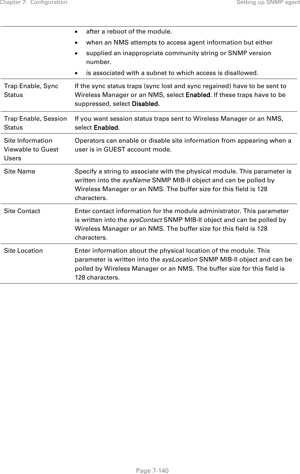 Chapter 7:  Configuration Setting up SNMP agent   Page 7-140 • after a reboot of the module. • when an NMS attempts to access agent information but either • supplied an inappropriate community string or SNMP version number. • is associated with a subnet to which access is disallowed. Trap Enable, Sync Status  If the sync status traps (sync lost and sync regained) have to be sent to Wireless Manager or an NMS, select Enabled. If these traps have to be suppressed, select Disabled. Trap Enable, Session Status If you want session status traps sent to Wireless Manager or an NMS, select Enabled.  Site Information Viewable to Guest Users Operators can enable or disable site information from appearing when a user is in GUEST account mode.  Site Name Specify a string to associate with the physical module. This parameter is written into the sysName SNMP MIB-II object and can be polled by Wireless Manager or an NMS. The buffer size for this field is 128 characters.  Site Contact Enter contact information for the module administrator. This parameter is written into the sysContact SNMP MIB-II object and can be polled by Wireless Manager or an NMS. The buffer size for this field is 128 characters. Site Location Enter information about the physical location of the module. This parameter is written into the sysLocation SNMP MIB-II object and can be polled by Wireless Manager or an NMS. The buffer size for this field is 128 characters.   