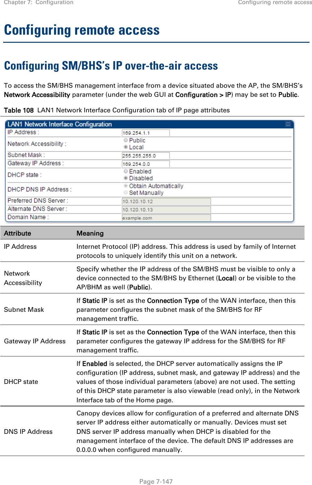 Chapter 7:  Configuration Configuring remote access   Page 7-147 Configuring remote access Configuring SM/BHS’s IP over-the-air access To access the SM/BHS management interface from a device situated above the AP, the SM/BHS’s Network Accessibility parameter (under the web GUI at Configuration &gt; IP) may be set to Public. Table 108  LAN1 Network Interface Configuration tab of IP page attributes  Attribute Meaning IP Address Internet Protocol (IP) address. This address is used by family of Internet protocols to uniquely identify this unit on a network. Network Accessibility Specify whether the IP address of the SM/BHS must be visible to only a device connected to the SM/BHS by Ethernet (Local) or be visible to the AP/BHM as well (Public). Subnet Mask If Static IP is set as the Connection Type of the WAN interface, then this parameter configures the subnet mask of the SM/BHS for RF management traffic. Gateway IP Address If Static IP is set as the Connection Type of the WAN interface, then this parameter configures the gateway IP address for the SM/BHS for RF management traffic. DHCP state If Enabled is selected, the DHCP server automatically assigns the IP configuration (IP address, subnet mask, and gateway IP address) and the values of those individual parameters (above) are not used. The setting of this DHCP state parameter is also viewable (read only), in the Network Interface tab of the Home page. DNS IP Address Canopy devices allow for configuration of a preferred and alternate DNS server IP address either automatically or manually. Devices must set DNS server IP address manually when DHCP is disabled for the management interface of the device. The default DNS IP addresses are 0.0.0.0 when configured manually. 