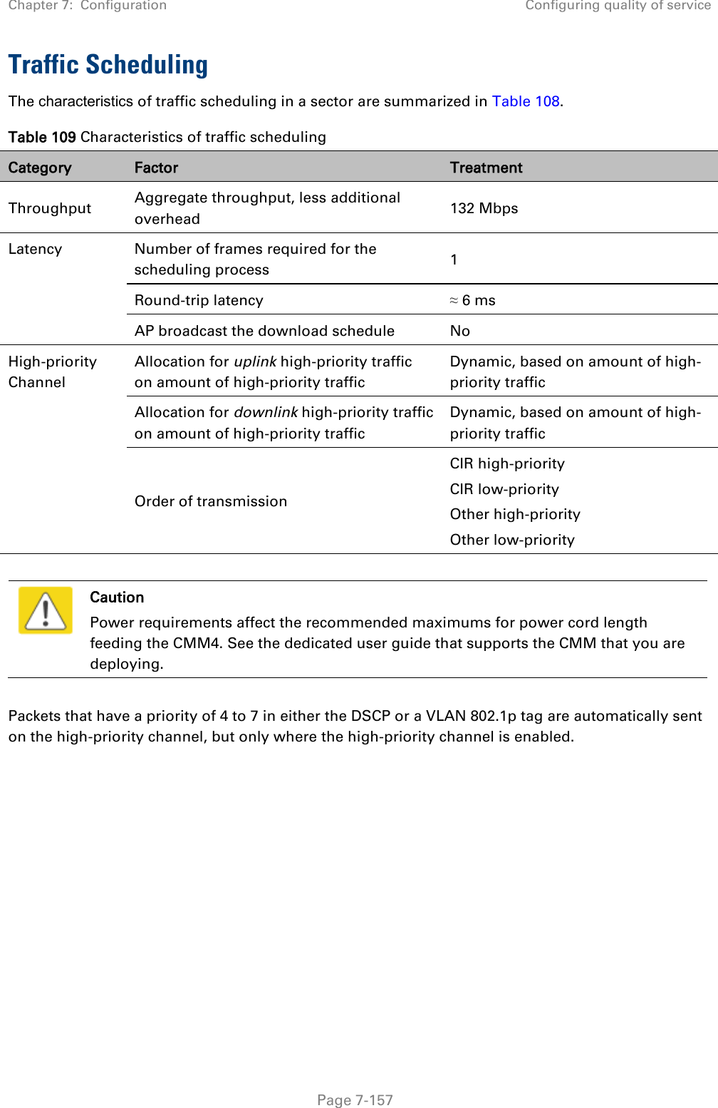 Chapter 7:  Configuration Configuring quality of service   Page 7-157 Traffic Scheduling The characteristics of traffic scheduling in a sector are summarized in Table 108. Table 109 Characteristics of traffic scheduling Category Factor Treatment Throughput Aggregate throughput, less additional overhead 132 Mbps Latency Number of frames required for the scheduling process 1 Round-trip latency ≈ 6 ms AP broadcast the download schedule No High-priority Channel Allocation for uplink high-priority traffic on amount of high-priority traffic Dynamic, based on amount of high-priority traffic Allocation for downlink high-priority traffic on amount of high-priority traffic Dynamic, based on amount of high-priority traffic Order of transmission CIR high-priority CIR low-priority Other high-priority Other low-priority   Caution Power requirements affect the recommended maximums for power cord length feeding the CMM4. See the dedicated user guide that supports the CMM that you are deploying.   Packets that have a priority of 4 to 7 in either the DSCP or a VLAN 802.1p tag are automatically sent on the high-priority channel, but only where the high-priority channel is enabled.   