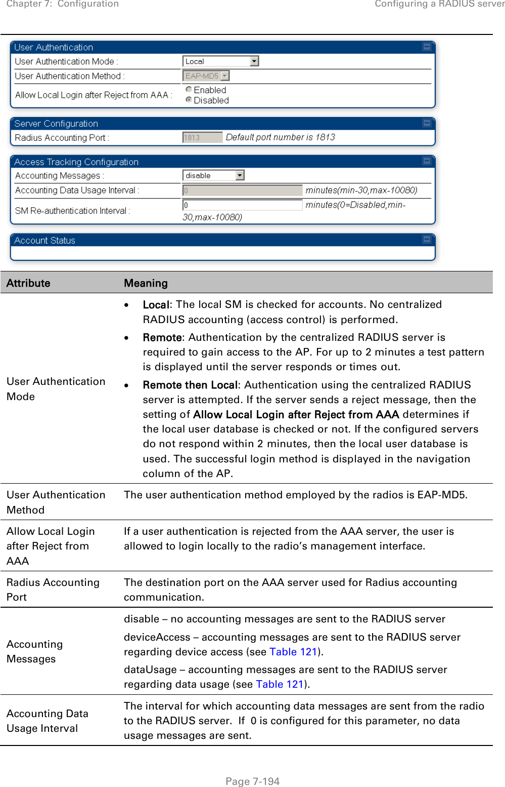 Chapter 7:  Configuration Configuring a RADIUS server   Page 7-194  Attribute Meaning User Authentication Mode • Local: The local SM is checked for accounts. No centralized RADIUS accounting (access control) is performed. • Remote: Authentication by the centralized RADIUS server is required to gain access to the AP. For up to 2 minutes a test pattern is displayed until the server responds or times out. • Remote then Local: Authentication using the centralized RADIUS server is attempted. If the server sends a reject message, then the setting of Allow Local Login after Reject from AAA determines if the local user database is checked or not. If the configured servers do not respond within 2 minutes, then the local user database is used. The successful login method is displayed in the navigation column of the AP. User Authentication Method The user authentication method employed by the radios is EAP-MD5. Allow Local Login after Reject from AAA If a user authentication is rejected from the AAA server, the user is allowed to login locally to the radio’s management interface. Radius Accounting Port The destination port on the AAA server used for Radius accounting communication. Accounting Messages disable – no accounting messages are sent to the RADIUS server deviceAccess – accounting messages are sent to the RADIUS server regarding device access (see Table 121). dataUsage – accounting messages are sent to the RADIUS server regarding data usage (see Table 121). Accounting Data Usage Interval The interval for which accounting data messages are sent from the radio to the RADIUS server.  If  0 is configured for this parameter, no data usage messages are sent. 