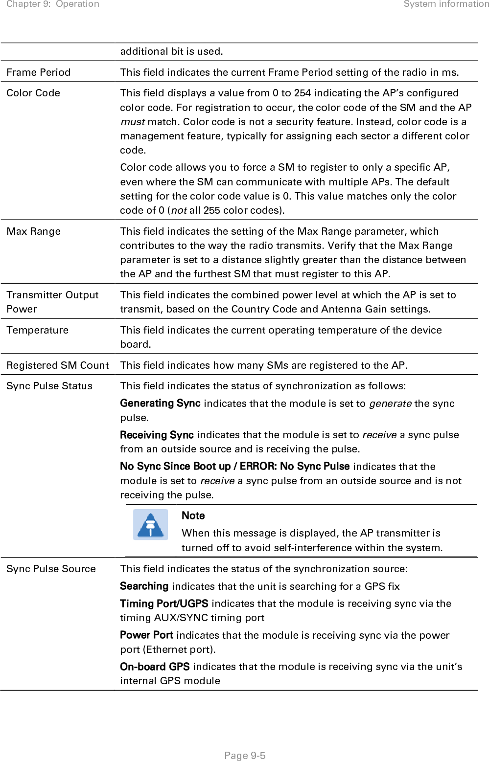 Chapter 9:  Operation System information   Page 9-5 additional bit is used. Frame Period This field indicates the current Frame Period setting of the radio in ms. Color Code This field displays a value from 0 to 254 indicating the AP’s configured color code. For registration to occur, the color code of the SM and the AP must match. Color code is not a security feature. Instead, color code is a management feature, typically for assigning each sector a different color code.  Color code allows you to force a SM to register to only a specific AP, even where the SM can communicate with multiple APs. The default setting for the color code value is 0. This value matches only the color code of 0 (not all 255 color codes). Max Range This field indicates the setting of the Max Range parameter, which contributes to the way the radio transmits. Verify that the Max Range parameter is set to a distance slightly greater than the distance between the AP and the furthest SM that must register to this AP. Transmitter Output Power This field indicates the combined power level at which the AP is set to transmit, based on the Country Code and Antenna Gain settings.  Temperature This field indicates the current operating temperature of the device board. Registered SM Count This field indicates how many SMs are registered to the AP. Sync Pulse Status  This field indicates the status of synchronization as follows: Generating Sync indicates that the module is set to generate the sync pulse. Receiving Sync indicates that the module is set to receive a sync pulse from an outside source and is receiving the pulse. No Sync Since Boot up / ERROR: No Sync Pulse indicates that the module is set to receive a sync pulse from an outside source and is not receiving the pulse.  Note When this message is displayed, the AP transmitter is turned off to avoid self-interference within the system.  Sync Pulse Source This field indicates the status of the synchronization source: Searching indicates that the unit is searching for a GPS fix Timing Port/UGPS indicates that the module is receiving sync via the timing AUX/SYNC timing port Power Port indicates that the module is receiving sync via the power port (Ethernet port). On-board GPS indicates that the module is receiving sync via the unit’s internal GPS module 