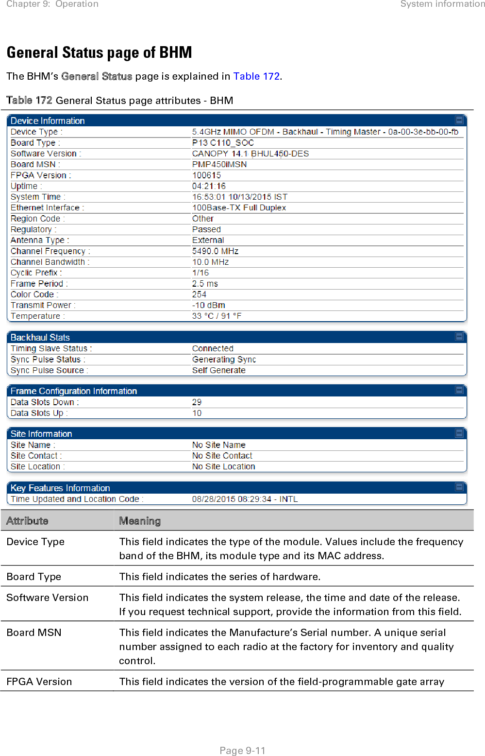 Chapter 9:  Operation System information   Page 9-11 General Status page of BHM The BHM’s General Status page is explained in Table 172. Table 172 General Status page attributes - BHM  Attribute Meaning Device Type  This field indicates the type of the module. Values include the frequency band of the BHM, its module type and its MAC address. Board Type This field indicates the series of hardware.  Software Version This field indicates the system release, the time and date of the release. If you request technical support, provide the information from this field. Board MSN This field indicates the Manufacture’s Serial number. A unique serial number assigned to each radio at the factory for inventory and quality control. FPGA Version This field indicates the version of the field-programmable gate array 