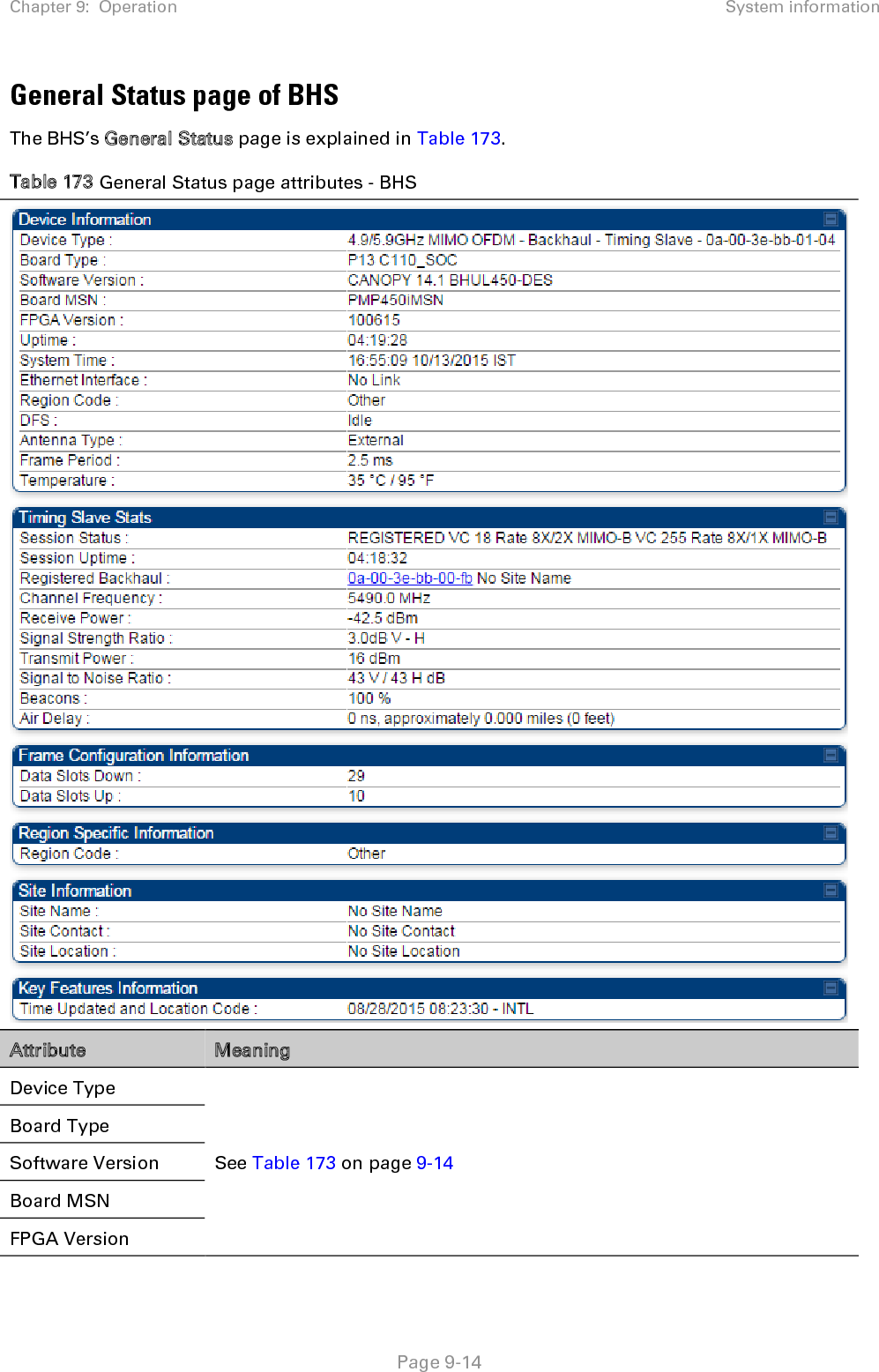 Chapter 9:  Operation System information   Page 9-14 General Status page of BHS The BHS’s General Status page is explained in Table 173. Table 173 General Status page attributes - BHS  Attribute Meaning Device Type  See Table 173 on page 9-14 Board Type Software Version Board MSN FPGA Version 