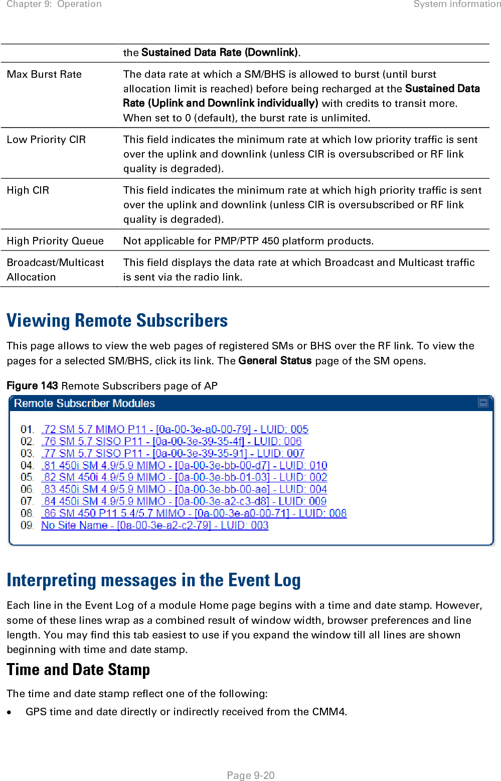 Chapter 9:  Operation System information   Page 9-20 the Sustained Data Rate (Downlink). Max Burst Rate The data rate at which a SM/BHS is allowed to burst (until burst allocation limit is reached) before being recharged at the Sustained Data Rate (Uplink and Downlink individually) with credits to transit more. When set to 0 (default), the burst rate is unlimited. Low Priority CIR This field indicates the minimum rate at which low priority traffic is sent over the uplink and downlink (unless CIR is oversubscribed or RF link quality is degraded). High CIR This field indicates the minimum rate at which high priority traffic is sent over the uplink and downlink (unless CIR is oversubscribed or RF link quality is degraded).  High Priority Queue  Not applicable for PMP/PTP 450 platform products.  Broadcast/Multicast Allocation This field displays the data rate at which Broadcast and Multicast traffic is sent via the radio link.   Viewing Remote Subscribers This page allows to view the web pages of registered SMs or BHS over the RF link. To view the pages for a selected SM/BHS, click its link. The General Status page of the SM opens. Figure 143 Remote Subscribers page of AP   Interpreting messages in the Event Log Each line in the Event Log of a module Home page begins with a time and date stamp. However, some of these lines wrap as a combined result of window width, browser preferences and line length. You may find this tab easiest to use if you expand the window till all lines are shown beginning with time and date stamp. Time and Date Stamp The time and date stamp reflect one of the following: • GPS time and date directly or indirectly received from the CMM4. 