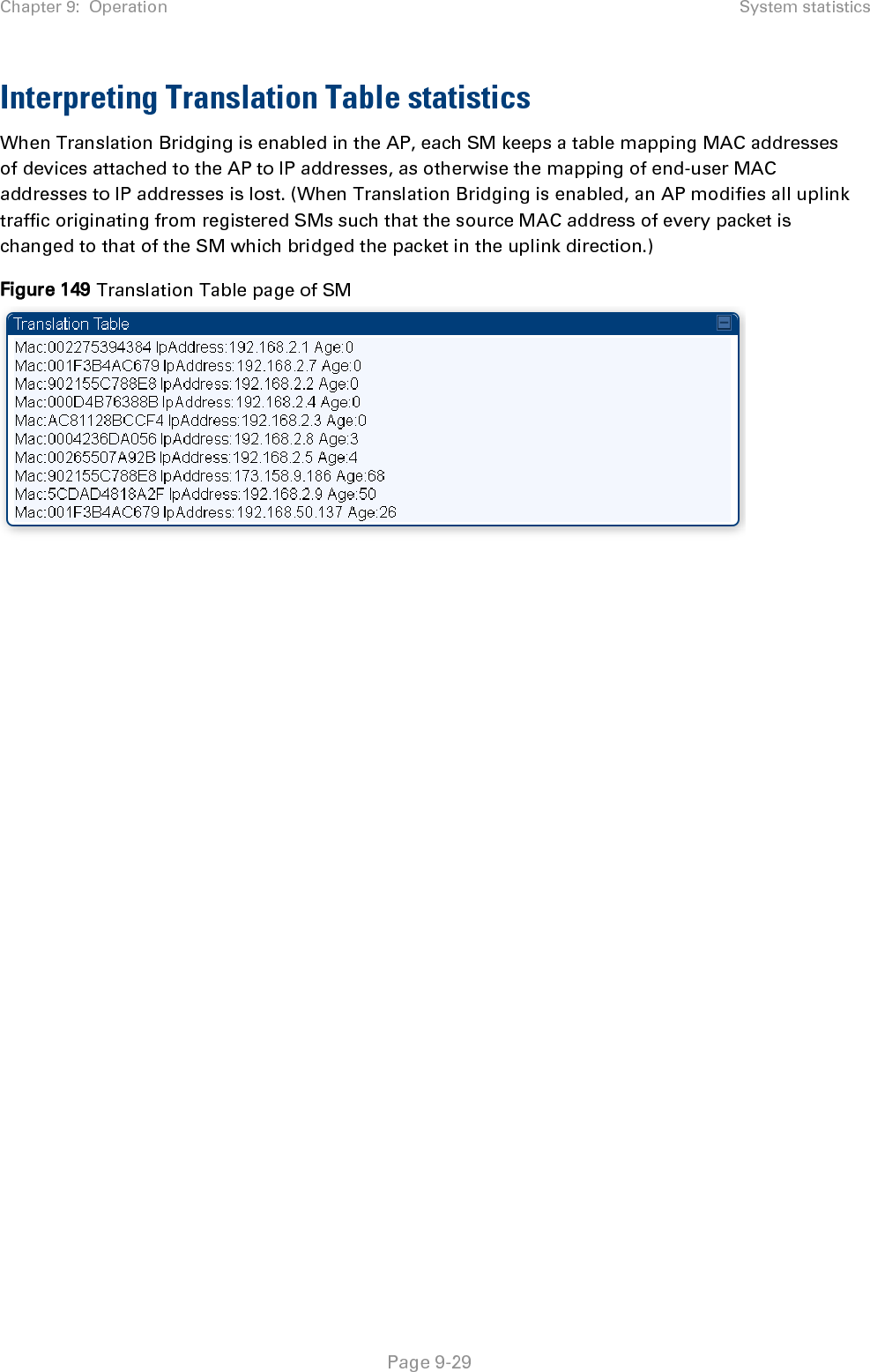 Chapter 9:  Operation System statistics   Page 9-29 Interpreting Translation Table statistics When Translation Bridging is enabled in the AP, each SM keeps a table mapping MAC addresses of devices attached to the AP to IP addresses, as otherwise the mapping of end-user MAC addresses to IP addresses is lost. (When Translation Bridging is enabled, an AP modifies all uplink traffic originating from registered SMs such that the source MAC address of every packet is changed to that of the SM which bridged the packet in the uplink direction.) Figure 149 Translation Table page of SM  