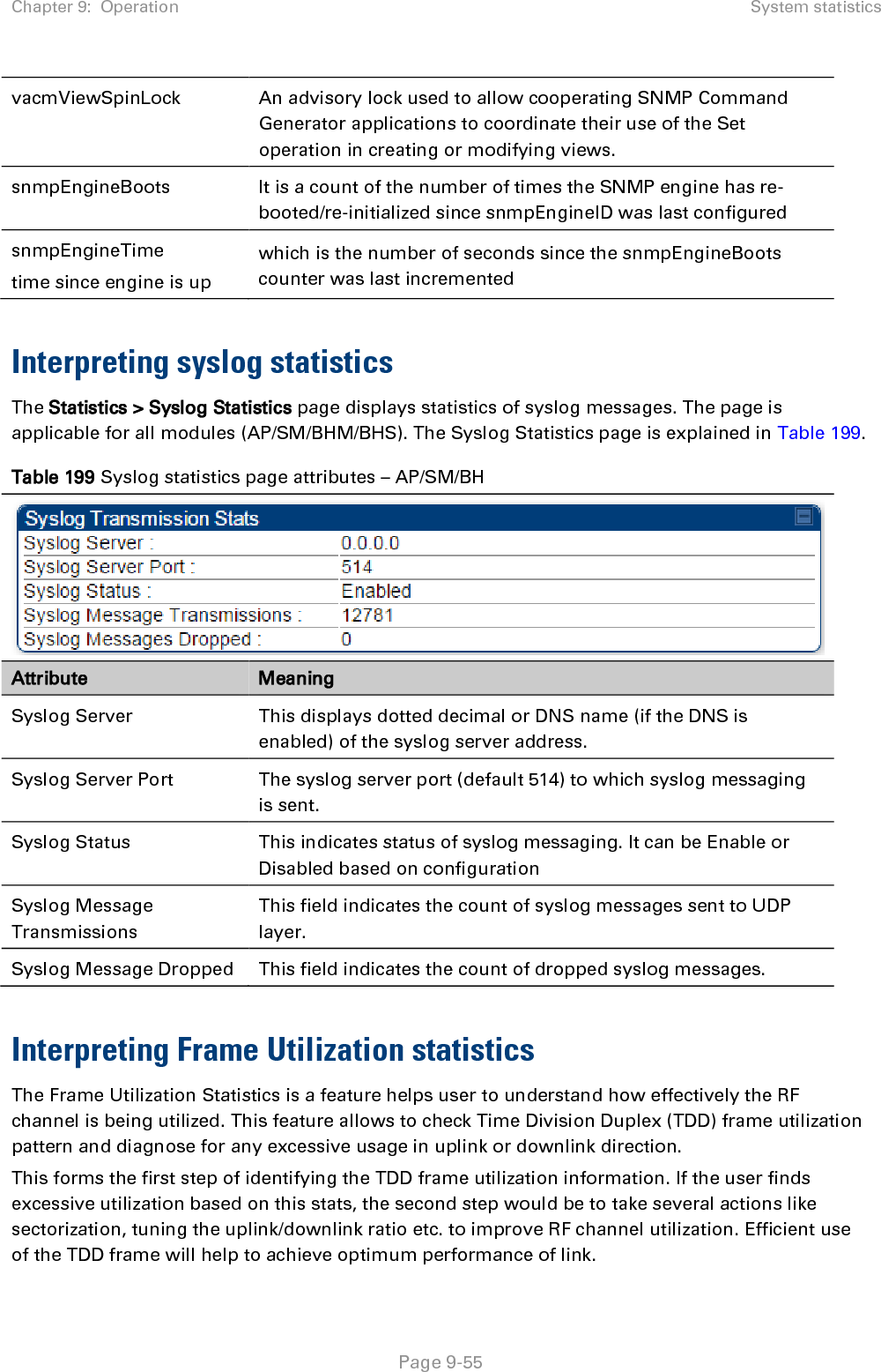 Chapter 9:  Operation System statistics   Page 9-55 vacmViewSpinLock An advisory lock used to allow cooperating SNMP Command Generator applications to coordinate their use of the Set operation in creating or modifying views. snmpEngineBoots It is a count of the number of times the SNMP engine has re-booted/re-initialized since snmpEngineID was last configured snmpEngineTime time since engine is up which is the number of seconds since the snmpEngineBoots counter was last incremented  Interpreting syslog statistics The Statistics &gt; Syslog Statistics page displays statistics of syslog messages. The page is applicable for all modules (AP/SM/BHM/BHS). The Syslog Statistics page is explained in Table 199. Table 199 Syslog statistics page attributes – AP/SM/BH  Attribute  Meaning Syslog Server This displays dotted decimal or DNS name (if the DNS is enabled) of the syslog server address.  Syslog Server Port The syslog server port (default 514) to which syslog messaging is sent.  Syslog Status This indicates status of syslog messaging. It can be Enable or Disabled based on configuration Syslog Message Transmissions This field indicates the count of syslog messages sent to UDP layer. Syslog Message Dropped This field indicates the count of dropped syslog messages.  Interpreting Frame Utilization statistics The Frame Utilization Statistics is a feature helps user to understand how effectively the RF channel is being utilized. This feature allows to check Time Division Duplex (TDD) frame utilization pattern and diagnose for any excessive usage in uplink or downlink direction.  This forms the first step of identifying the TDD frame utilization information. If the user finds excessive utilization based on this stats, the second step would be to take several actions like sectorization, tuning the uplink/downlink ratio etc. to improve RF channel utilization. Efficient use of the TDD frame will help to achieve optimum performance of link. 