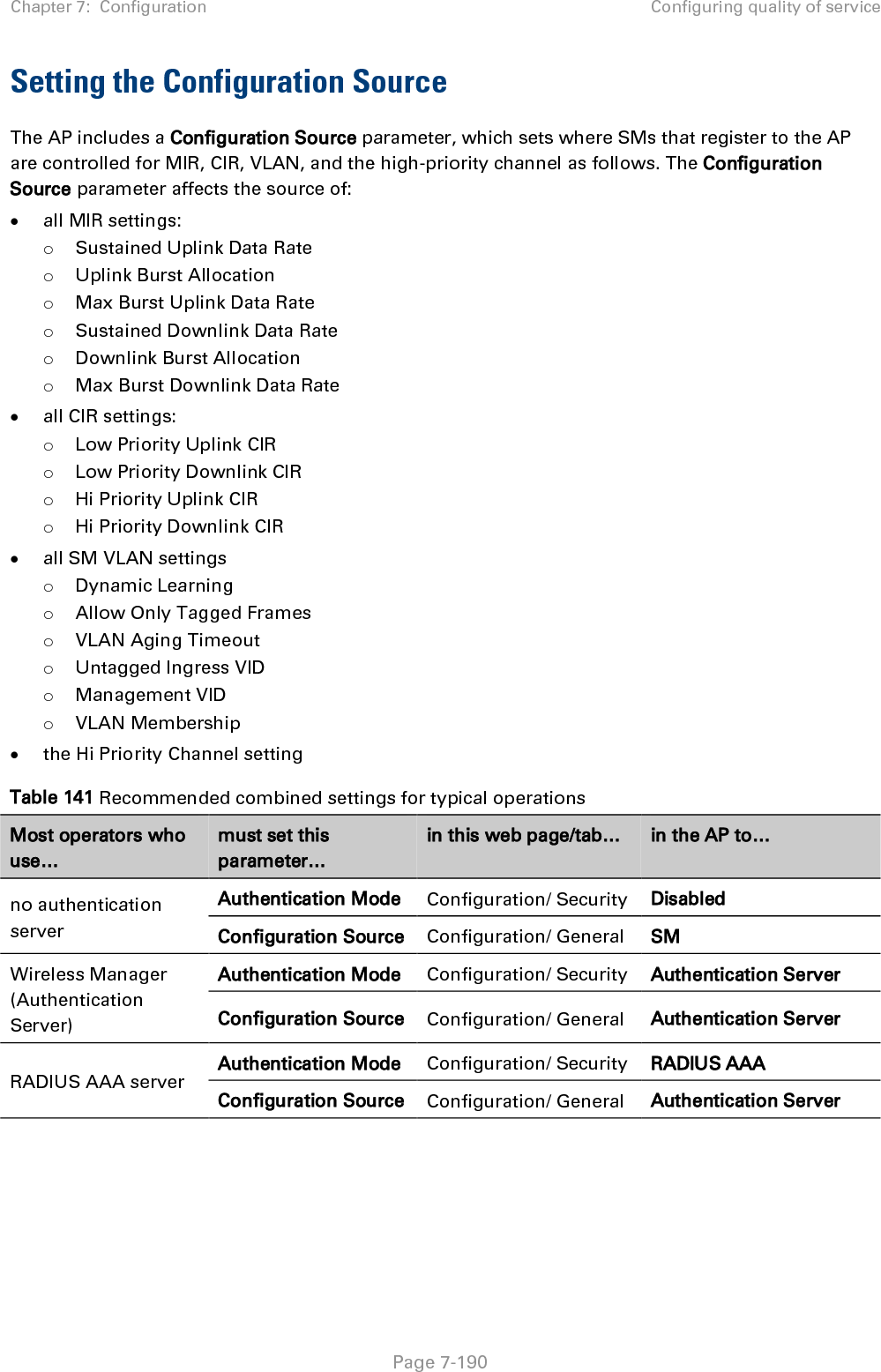 Chapter 7:  Configuration Configuring quality of service   Page 7-190 Setting the Configuration Source The AP includes a Configuration Source parameter, which sets where SMs that register to the AP are controlled for MIR, CIR, VLAN, and the high-priority channel as follows. The Configuration Source parameter affects the source of: • all MIR settings: o Sustained Uplink Data Rate o Uplink Burst Allocation o Max Burst Uplink Data Rate o Sustained Downlink Data Rate o Downlink Burst Allocation o Max Burst Downlink Data Rate • all CIR settings: o Low Priority Uplink CIR o Low Priority Downlink CIR o Hi Priority Uplink CIR o Hi Priority Downlink CIR • all SM VLAN settings o Dynamic Learning o Allow Only Tagged Frames o VLAN Aging Timeout o Untagged Ingress VID o Management VID o VLAN Membership • the Hi Priority Channel setting Table 141 Recommended combined settings for typical operations Most operators who use… must set this parameter… in this web page/tab… in the AP to… no authentication server Authentication Mode Configuration/ Security Disabled Configuration Source Configuration/ General SM Wireless Manager (Authentication Server) Authentication Mode Configuration/ Security Authentication Server Configuration Source Configuration/ General Authentication Server RADIUS AAA server Authentication Mode Configuration/ Security RADIUS AAA Configuration Source Configuration/ General Authentication Server     