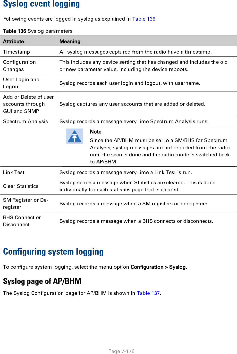   Page 7-176 Syslog event logging Following events are logged in syslog as explained in Table 136. Table 136 Syslog parameters Attribute Meaning Timestamp  All syslog messages captured from the radio have a timestamp.  Configuration Changes  This includes any device setting that has changed and includes the old or new parameter value, including the device reboots.  User Login and Logout  Syslog records each user login and logout, with username.  Add or Delete of user accounts through GUI and SNMP  Syslog captures any user accounts that are added or deleted.  Spectrum Analysis Syslog records a message every time Spectrum Analysis runs.  Note Since the AP/BHM must be set to a SM/BHS for Spectrum Analysis, syslog messages are not reported from the radio until the scan is done and the radio mode is switched back to AP/BHM.  Link Test  Syslog records a message every time a Link Test is run.  Clear Statistics  Syslog sends a message when Statistics are cleared. This is done individually for each statistics page that is cleared.  SM Register or De-register  Syslog records a message when a SM registers or deregisters.  BHS Connect or Disconnect Syslog records a message when a BHS connects or disconnects.  Configuring system logging To configure system logging, select the menu option Configuration &gt; Syslog. Syslog page of AP/BHM The Syslog Configuration page for AP/BHM is shown in Table 137. 