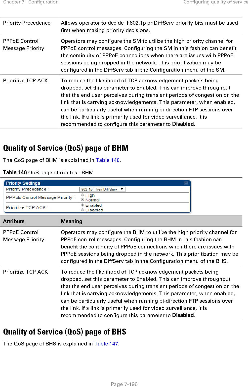 Chapter 7:  Configuration Configuring quality of service   Page 7-196 Priority Precedence Allows operator to decide if 802.1p or DiffServ priority bits must be used first when making priority decisions. PPPoE Control Message Priority Operators may configure the SM to utilize the high priority channel for PPPoE control messages. Configuring the SM in this fashion can benefit the continuity of PPPoE connections when there are issues with PPPoE sessions being dropped in the network. This prioritization may be configured in the DiffServ tab in the Configuration menu of the SM. Prioritize TCP ACK To reduce the likelihood of TCP acknowledgement packets being dropped, set this parameter to Enabled. This can improve throughput that the end user perceives during transient periods of congestion on the link that is carrying acknowledgements. This parameter, when enabled, can be particularly useful when running bi-direction FTP sessions over the link. If a link is primarily used for video surveillance, it is recommended to configure this parameter to Disabled.  Quality of Service (QoS) page of BHM The QoS page of BHM is explained in Table 146. Table 146 QoS page attributes - BHM  Attribute Meaning PPPoE Control Message Priority Operators may configure the BHM to utilize the high priority channel for PPPoE control messages. Configuring the BHM in this fashion can benefit the continuity of PPPoE connections when there are issues with PPPoE sessions being dropped in the network. This prioritization may be configured in the DiffServ tab in the Configuration menu of the BHS. Prioritize TCP ACK To reduce the likelihood of TCP acknowledgement packets being dropped, set this parameter to Enabled. This can improve throughput that the end user perceives during transient periods of congestion on the link that is carrying acknowledgements. This parameter, when enabled, can be particularly useful when running bi-direction FTP sessions over the link. If a link is primarily used for video surveillance, it is recommended to configure this parameter to Disabled. Quality of Service (QoS) page of BHS The QoS page of BHS is explained in Table 147. 