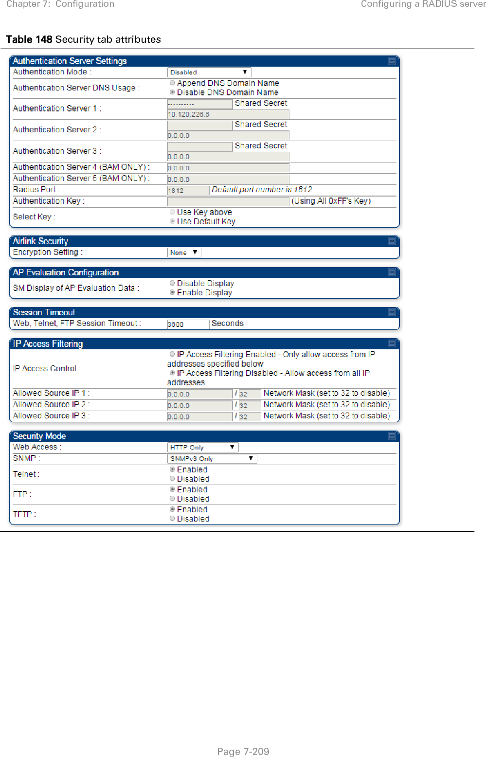 Chapter 7:  Configuration Configuring a RADIUS server   Page 7-209 Table 148 Security tab attributes     