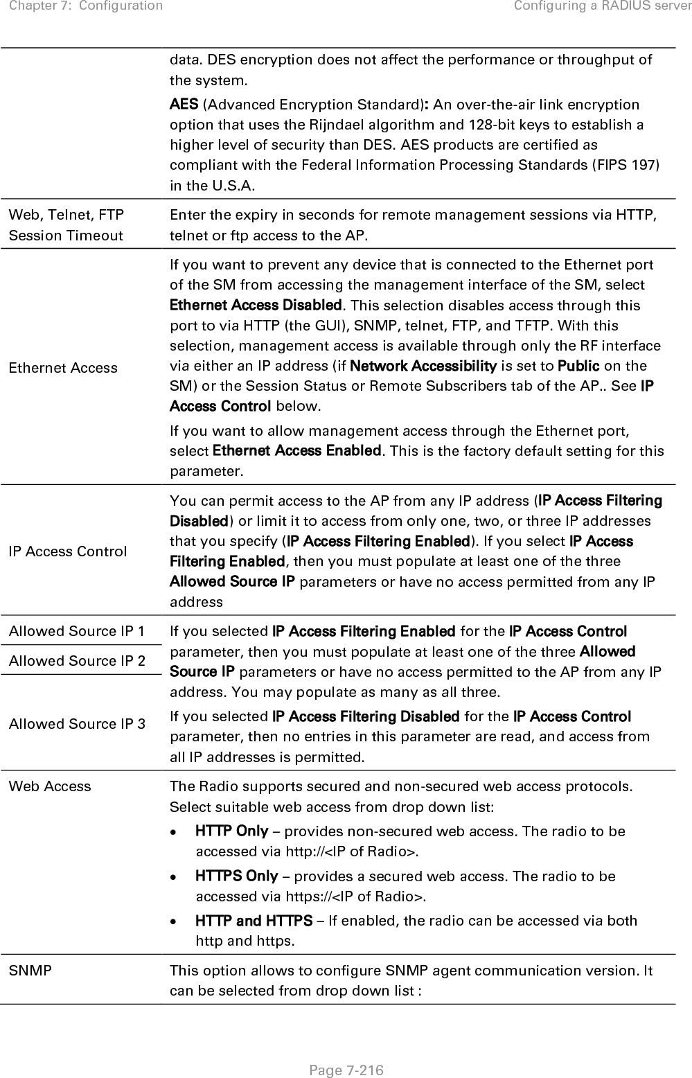 Chapter 7:  Configuration Configuring a RADIUS server   Page 7-217 • SNMPv2c Only – Enables SNMP v2 community protocol. • SNMPv3 Only – Enables SNMP v3 protocol. It is secured communication protocol. • SNMPv2c and SNMPv3 – It enables both the protocols. Telnet This option allows to Enable and Disable Telnet access to the Radio. FTP This option allows to Enable and Disable FTP access to the Radio. TFTP This option allows to Enable and Disable TFTP access to the Radio.  SM - Phase 1 (Outside Identity) parameters and settings The protocols supported for the Phase 1 (Outside Identity) phase of authentication are eapttls (Extensible Authentication Protocol Tunneled Transport Layer Security) and eapMSChapV2 (Extensible Authentication Protocol – Microsoft Challenge-Handshake Authentication Protocol). Configure an outer Identity in the Username field. This must match the Phase 1/Outer Identity username configured in the RADIUS server. The default Phase 1/Outer Identity Username is “anonymous”. The Username can be up to 128 non-special (no diacritical markings) alphanumeric characters. If Realms are being used in the RADIUS system (eapttls only), select Enable Realm and configure an outer identity in the Identity field and a Realm in the Realm field. These must match the Phase 1/Outer Identity and Realm configured in the RADIUS server. The default Identity is “anonymous”. The Identity can be up to 128 non-special (no diacritical markings) alphanumeric characters. The default Realm is “canopy.net”. The Realm can also be up to 128 non-special alphanumeric characters. SM - Phase 2 (Inside Identity) parameters and settings If using eapttls for Phase 1 authentication, select the desired Phase 2 (Inside Identity) authentication protocol from the Phase 2 options of PAP (Password Authentication Protocol), CHAP (Challenge Handshake Authentication Protocol), and MSCHAPv2 (Microsoft’s version of CHAP). The protocol must be consistent with the authentication protocol configured on the RADIUS server. Enter a Username for the SM. This must match the username configured for the SM on the RADIUS server. The default Username is the SM’s MAC address. The Username can be up to 128 non-special (no diacritical markings) alphanumeric characters. Enter the desired password for the SM in the Password and Confirm Password fields. The Password must match the password configured for the SM on the RADIUS server. The default Password is “password”. The Password can be up to 128 non-special (no diacritical markings) alphanumeric characters. 