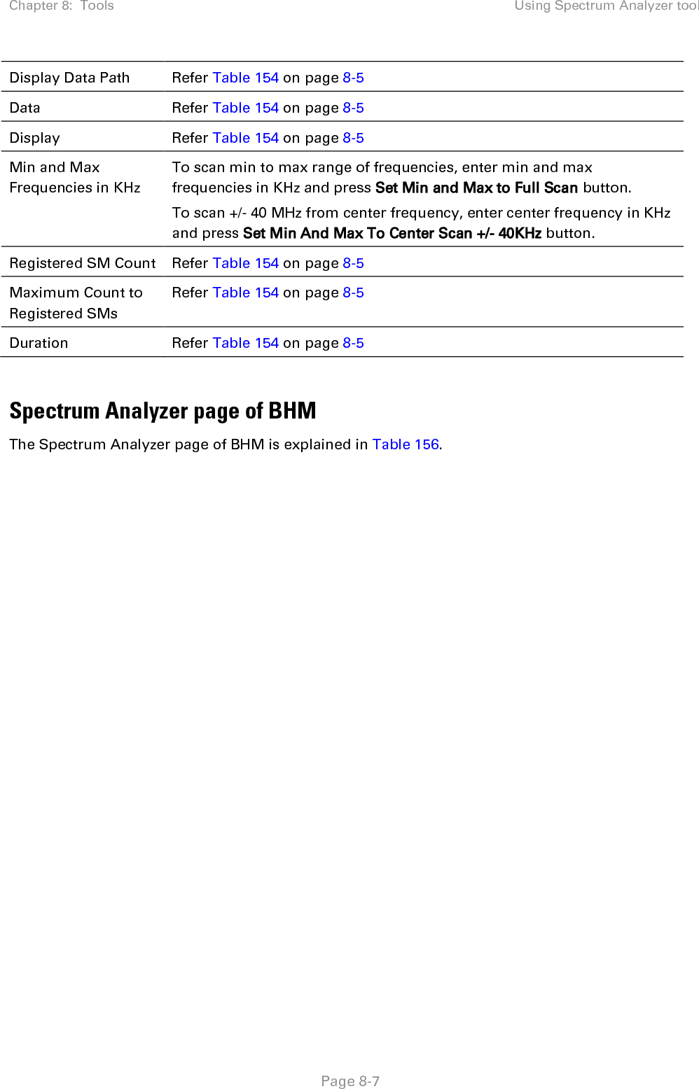 Chapter 8:  Tools Using Spectrum Analyzer tool   Page 8-7 Display Data Path Refer Table 154 on page 8-5 Data Refer Table 154 on page 8-5 Display Refer Table 154 on page 8-5 Min and Max Frequencies in KHz To scan min to max range of frequencies, enter min and max frequencies in KHz and press Set Min and Max to Full Scan button. To scan +/- 40 MHz from center frequency, enter center frequency in KHz and press Set Min And Max To Center Scan +/- 40KHz button. Registered SM Count Refer Table 154 on page 8-5 Maximum Count to Registered SMs Refer Table 154 on page 8-5 Duration Refer Table 154 on page 8-5  Spectrum Analyzer page of BHM The Spectrum Analyzer page of BHM is explained in Table 156. 