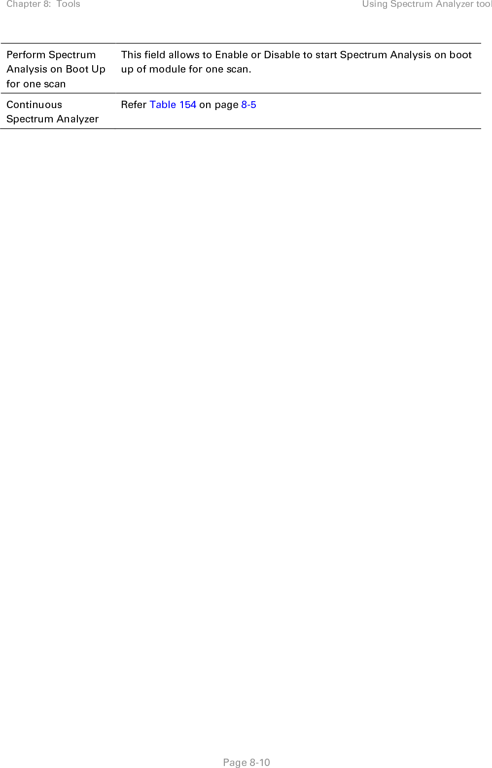 Chapter 8:  Tools Using Spectrum Analyzer tool   Page 8-10 Perform Spectrum Analysis on Boot Up for one scan This field allows to Enable or Disable to start Spectrum Analysis on boot up of module for one scan. Continuous Spectrum Analyzer Refer Table 154 on page 8-5  