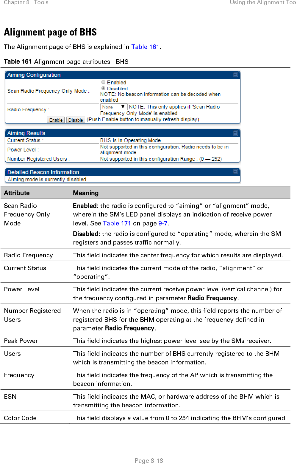 Chapter 8:  Tools Using the Alignment Tool   Page 8-18 Alignment page of BHS The Alignment page of BHS is explained in Table 161. Table 161 Alignment page attributes - BHS  Attribute Meaning Scan Radio Frequency Only Mode Enabled: the radio is configured to “aiming” or “alignment” mode, wherein the SM’s LED panel displays an indication of receive power level. See Table 171 on page 9-7. Disabled: the radio is configured to “operating” mode, wherein the SM registers and passes traffic normally. Radio Frequency This field indicates the center frequency for which results are displayed. Current Status This field indicates the current mode of the radio, “alignment” or “operating”. Power Level This field indicates the current receive power level (vertical channel) for the frequency configured in parameter Radio Frequency. Number Registered Users When the radio is in “operating” mode, this field reports the number of registered BHS for the BHM operating at the frequency defined in parameter Radio Frequency. Peak Power This field indicates the highest power level see by the SMs receiver. Users This field indicates the number of BHS currently registered to the BHM which is transmitting the beacon information. Frequency This field indicates the frequency of the AP which is transmitting the beacon information. ESN This field indicates the MAC, or hardware address of the BHM which is transmitting the beacon information. Color Code This field displays a value from 0 to 254 indicating the BHM’s configured 