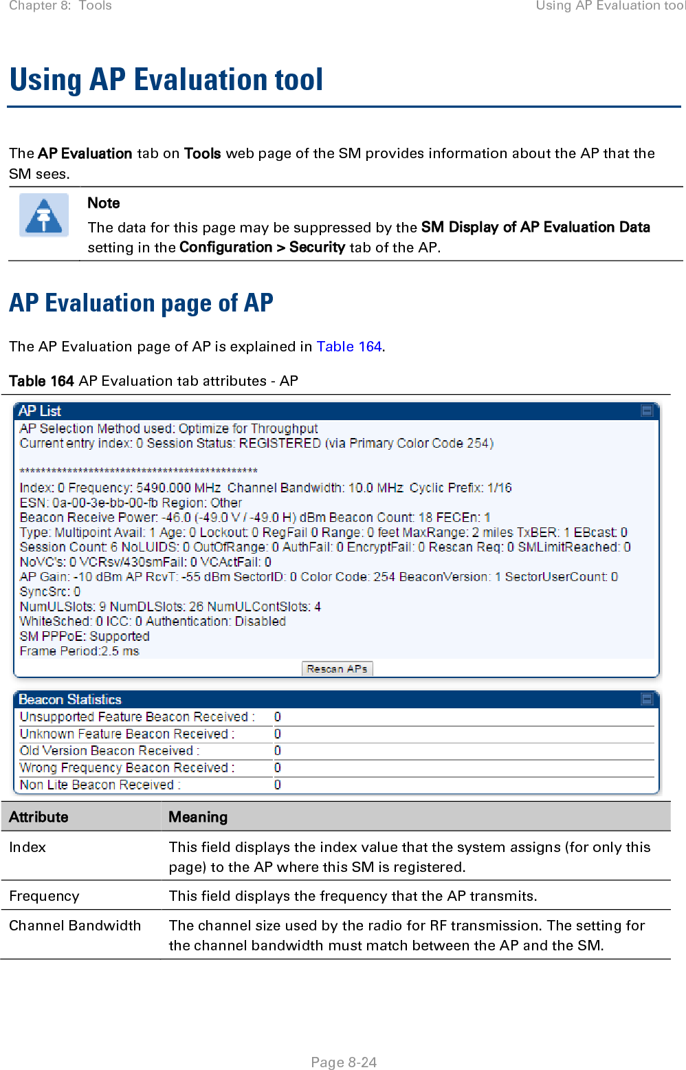 Chapter 8:  Tools Using AP Evaluation tool   Page 8-25 Cyclic Prefix OFDM technology uses a cyclic prefix, where a portion of the end of a symbol (slot) is repeated at the beginning of the symbol to allow multi-pathing to settle before receiving the desired data. A 1/16 cyclic prefixes mean that for every 16 bits of throughput data transmitted, an additional bit is used. The Cyclic Prefix 1/16 only can be selected at this time. ESN This field displays the MAC address (electronic serial number) of the AP. For operator convenience during SM aiming, this tab retains each detected ESN for up to 15 minutes. If the broadcast frequency of a detected AP changes during a 15-minute interval in the aiming operation, then a multiple instance of the same ESN is possible in the list. Eventually, the earlier instance expires and disappears and the later instance remains to the end of its interval, but you can ignore the early instance(s) whenever two or more are present. Region This field displays the AP’s configured Country Code setting. Power Level  This field displays the SM’s combined received power level from the AP’s transmission. Beacon Count A count of the beacons seen in a given time period. FECEn This field contains the SNMP value from the AP that indicates whether the Forward Error Correction feature is enabled. 0: FEC is disabled 1: FEC is enabled Type Multipoint indicates that the listing is for an AP. Age This is a counter for the number of minutes that the AP has been inactive. At 15 minutes of inactivity for the AP, this field is removed from the AP Evaluation tab in the SM. Lockout This field displays how many times the SM has been temporarily locked out of making registration attempts. RegFail This field displays how many registration attempts by this SM failed. Range This field displays the distance in feet for this link. To derive the distance in meters, multiply the value of this parameter by 0.3048. MaxRange This field indicates the configured value for the AP’s Max Range parameter. TxBER A 1 in this field indicates the AP is sending Radio BER. EBcast A 1 in this field indicates the AP or BHM is encrypting broadcast packets. A 0 indicates it is not. Session Count  This field displays how many sessions the SM (or BHS) has had with the AP (or BHM). Typically, this is the sum of Reg Count and Re-Reg Count. However, the result of internal calculation may display here as a value 