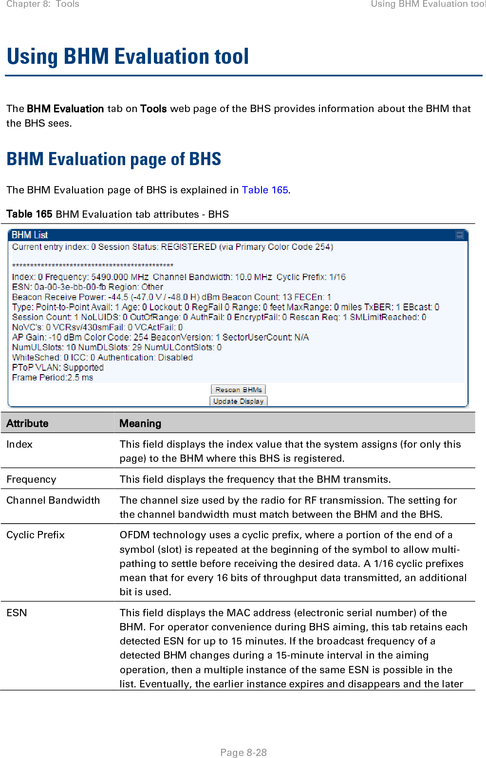 Chapter 8:  Tools Using BHM Evaluation tool   Page 8-28 Using BHM Evaluation tool The BHM Evaluation tab on Tools web page of the BHS provides information about the BHM that the BHS sees. BHM Evaluation page of BHS The BHM Evaluation page of BHS is explained in Table 165. Table 165 BHM Evaluation tab attributes - BHS  Attribute Meaning Index This field displays the index value that the system assigns (for only this page) to the BHM where this BHS is registered. Frequency This field displays the frequency that the BHM transmits. Channel Bandwidth The channel size used by the radio for RF transmission. The setting for the channel bandwidth must match between the BHM and the BHS.  Cyclic Prefix OFDM technology uses a cyclic prefix, where a portion of the end of a symbol (slot) is repeated at the beginning of the symbol to allow multi-pathing to settle before receiving the desired data. A 1/16 cyclic prefixes mean that for every 16 bits of throughput data transmitted, an additional bit is used. ESN This field displays the MAC address (electronic serial number) of the BHM. For operator convenience during BHS aiming, this tab retains each detected ESN for up to 15 minutes. If the broadcast frequency of a detected BHM changes during a 15-minute interval in the aiming operation, then a multiple instance of the same ESN is possible in the list. Eventually, the earlier instance expires and disappears and the later 