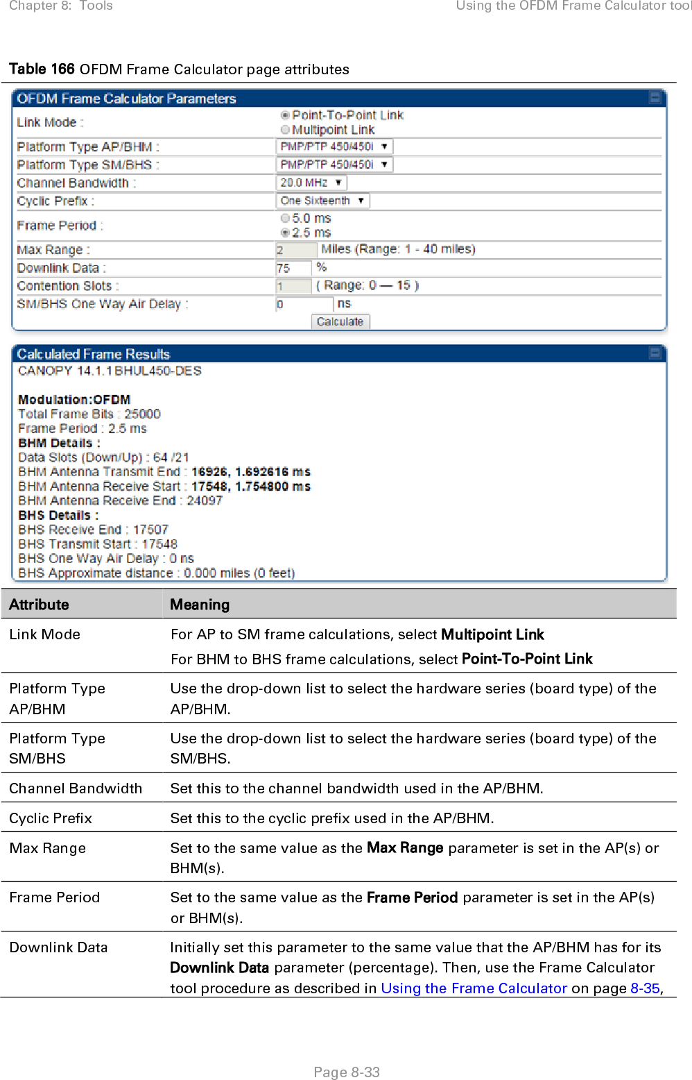 Chapter 8:  Tools Using the OFDM Frame Calculator tool   Page 8-33 Table 166 OFDM Frame Calculator page attributes  Attribute Meaning Link Mode For AP to SM frame calculations, select Multipoint Link For BHM to BHS frame calculations, select Point-To-Point Link Platform Type AP/BHM Use the drop-down list to select the hardware series (board type) of the AP/BHM. Platform Type SM/BHS Use the drop-down list to select the hardware series (board type) of the SM/BHS. Channel Bandwidth Set this to the channel bandwidth used in the AP/BHM. Cyclic Prefix Set this to the cyclic prefix used in the AP/BHM. Max Range Set to the same value as the Max Range parameter is set in the AP(s) or BHM(s). Frame Period Set to the same value as the Frame Period parameter is set in the AP(s) or BHM(s). Downlink Data Initially set this parameter to the same value that the AP/BHM has for its Downlink Data parameter (percentage). Then, use the Frame Calculator tool procedure as described in Using the Frame Calculator on page 8-35, 