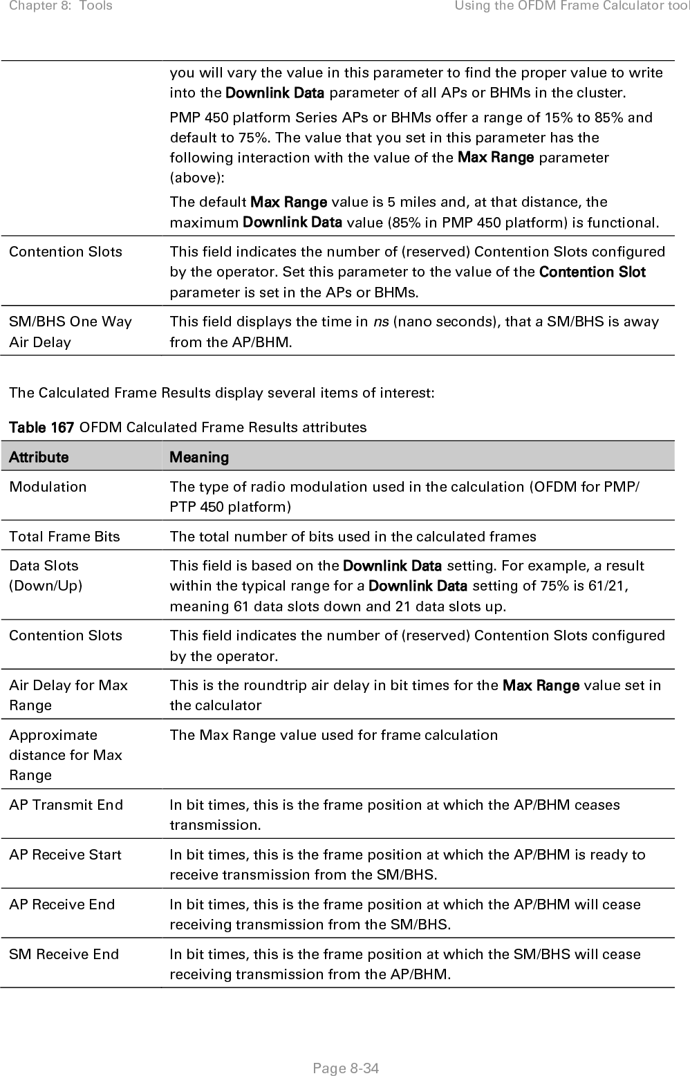 Chapter 8:  Tools Using the OFDM Frame Calculator tool   Page 8-35 SM Transmit Start In bit times, this is the frame position at which the SM/BHS starts the transmission. SM One Way Air Delay This filed displays the time in ns, that SM/BHS is away from the AP/BHM. SM Approximate distance This field displays an approximate distance in miles (feet) that the SM/BHS is away from the AP/BHM.   To use the Frame Calculator to ensure that all APs or BHMs are configured to transmit and receive at the same time, follow the procedure below: Procedure 31 Using the Frame Calculator 1 Populate the OFDM Frame Calculator parameters with appropriate values as described above. 2 Click the Calculate button. 3 Scroll down the tab to the Calculated Frame Results section 4 Record the value of the AP Receive Start field 5 Enter a parameter set from another AP in the system – for example, an AP in the same cluster that has a higher Max Range value configured. 6 Click the Calculate button. 7 Scroll down the tab to the Calculated Frame Results section 8 If the recorded values of the AP Receive Start fields are within 150 bit times of each other, skip to step 10.  If the recorded values of the AP Receive Start fields are not within 150 bit times of each other, modify the Downlink Data parameter until the calculated results for AP Receive Start are within 300 bit time of each other, if possible, 150 bit time. 10 Access the Radio tab in the Configuration web page of each AP in the cluster and change its Downlink Data parameter (percentage) to the last value that was used in the Frame Calculator. 