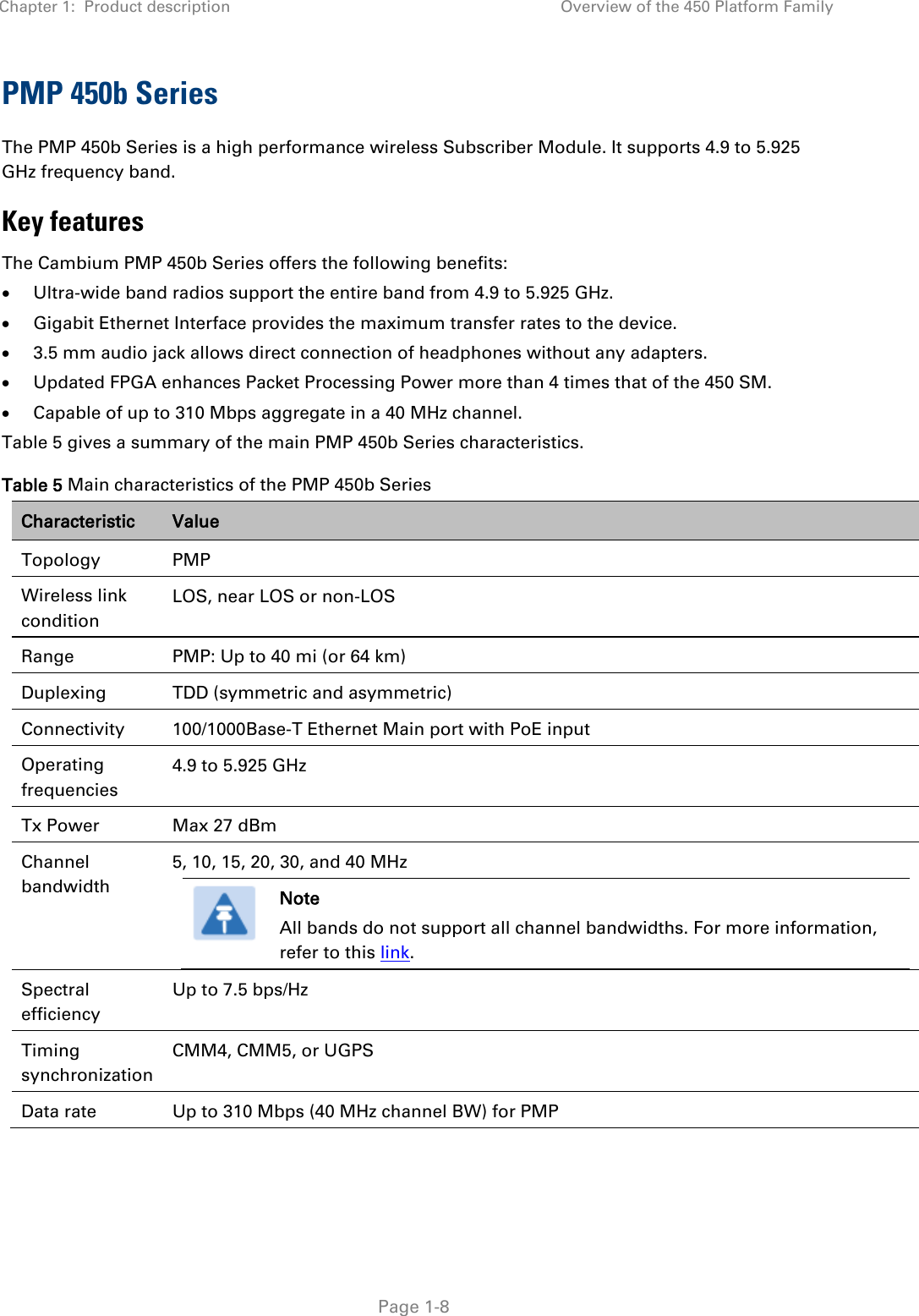 Chapter 1:  Product description Overview of the 450 Platform Family   Page 1-8 PMP 450b Series The PMP 450b Series is a high performance wireless Subscriber Module. It supports 4.9 to 5.925 GHz frequency band. Key features The Cambium PMP 450b Series offers the following benefits: • Ultra-wide band radios support the entire band from 4.9 to 5.925 GHz. • Gigabit Ethernet Interface provides the maximum transfer rates to the device. • 3.5 mm audio jack allows direct connection of headphones without any adapters. • Updated FPGA enhances Packet Processing Power more than 4 times that of the 450 SM. • Capable of up to 310 Mbps aggregate in a 40 MHz channel. Table 5 gives a summary of the main PMP 450b Series characteristics. Table 5 Main characteristics of the PMP 450b Series Characteristic Value Topology  PMP Wireless link condition LOS, near LOS or non-LOS Range  PMP: Up to 40 mi (or 64 km) Duplexing  TDD (symmetric and asymmetric) Connectivity 100/1000Base-T Ethernet Main port with PoE input Operating frequencies 4.9 to 5.925 GHz Tx Power Max 27 dBm Channel bandwidth 5, 10, 15, 20, 30, and 40 MHz  Note All bands do not support all channel bandwidths. For more information, refer to this link.  Spectral efficiency Up to 7.5 bps/Hz Timing synchronization CMM4, CMM5, or UGPS Data rate Up to 310 Mbps (40 MHz channel BW) for PMP  