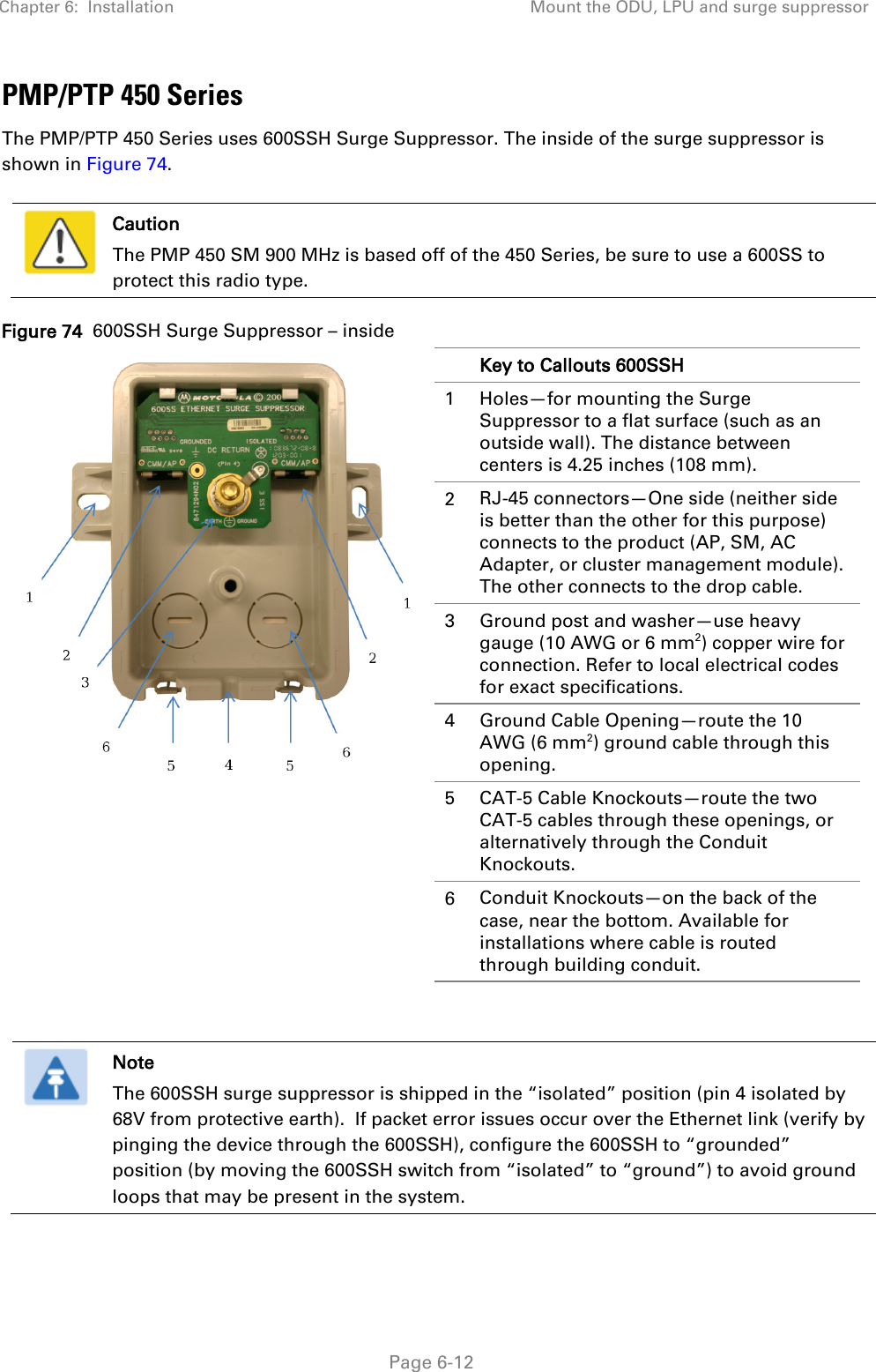 Chapter 6:  Installation Mount the ODU, LPU and surge suppressor   Page 6-12 PMP/PTP 450 Series The PMP/PTP 450 Series uses 600SSH Surge Suppressor. The inside of the surge suppressor is shown in Figure 74.   Caution The PMP 450 SM 900 MHz is based off of the 450 Series, be sure to use a 600SS to protect this radio type. Figure 74  600SSH Surge Suppressor – inside    Key to Callouts 600SSH 1  Holes—for mounting the Surge Suppressor to a flat surface (such as an outside wall). The distance between centers is 4.25 inches (108 mm). 2  RJ-45 connectors—One side (neither side is better than the other for this purpose) connects to the product (AP, SM, AC Adapter, or cluster management module). The other connects to the drop cable. 3  Ground post and washer—use heavy gauge (10 AWG or 6 mm2) copper wire for connection. Refer to local electrical codes for exact specifications. 4  Ground Cable Opening—route the 10 AWG (6 mm2) ground cable through this opening. 5  CAT-5 Cable Knockouts—route the two CAT-5 cables through these openings, or alternatively through the Conduit Knockouts. 6  Conduit Knockouts—on the back of the case, near the bottom. Available for installations where cable is routed through building conduit.    Note The 600SSH surge suppressor is shipped in the “isolated” position (pin 4 isolated by 68V from protective earth).  If packet error issues occur over the Ethernet link (verify by pinging the device through the 600SSH), configure the 600SSH to “grounded” position (by moving the 600SSH switch from “isolated” to “ground”) to avoid ground loops that may be present in the system.  