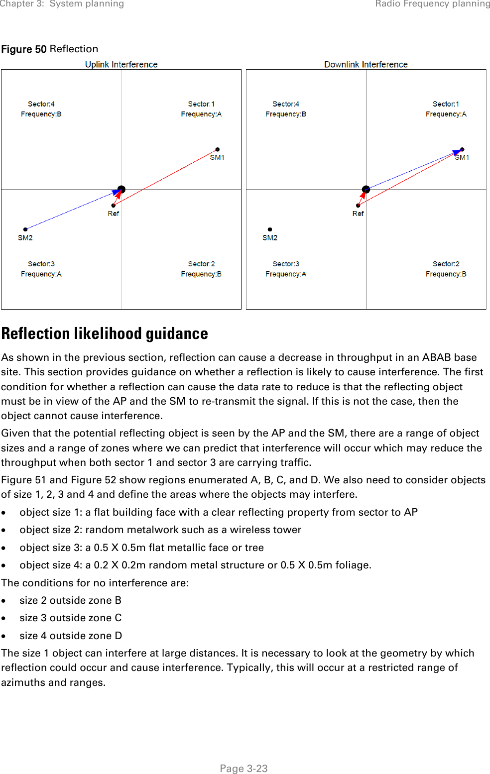 Chapter 3:  System planning Radio Frequency planning   Page 3-23 Figure 50 Reflection  Reflection likelihood guidance As shown in the previous section, reflection can cause a decrease in throughput in an ABAB base site. This section provides guidance on whether a reflection is likely to cause interference. The first condition for whether a reflection can cause the data rate to reduce is that the reflecting object must be in view of the AP and the SM to re-transmit the signal. If this is not the case, then the object cannot cause interference. Given that the potential reflecting object is seen by the AP and the SM, there are a range of object sizes and a range of zones where we can predict that interference will occur which may reduce the throughput when both sector 1 and sector 3 are carrying traffic.  Figure 51 and Figure 52 show regions enumerated A, B, C, and D. We also need to consider objects of size 1, 2, 3 and 4 and define the areas where the objects may interfere. • object size 1: a flat building face with a clear reflecting property from sector to AP • object size 2: random metalwork such as a wireless tower • object size 3: a 0.5 X 0.5m flat metallic face or tree • object size 4: a 0.2 X 0.2m random metal structure or 0.5 X 0.5m foliage. The conditions for no interference are: • size 2 outside zone B • size 3 outside zone C • size 4 outside zone D The size 1 object can interfere at large distances. It is necessary to look at the geometry by which reflection could occur and cause interference. Typically, this will occur at a restricted range of azimuths and ranges.  