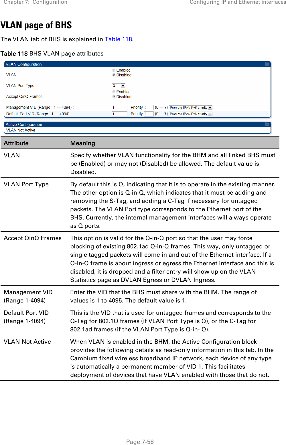 Chapter 7:  Configuration Configuring IP and Ethernet interfaces   Page 7-58 VLAN page of BHS The VLAN tab of BHS is explained in Table 118. Table 118 BHS VLAN page attributes  Attribute Meaning VLAN Specify whether VLAN functionality for the BHM and all linked BHS must be (Enabled) or may not (Disabled) be allowed. The default value is Disabled. VLAN Port Type By default this is Q, indicating that it is to operate in the existing manner. The other option is Q-in-Q, which indicates that it must be adding and removing the S-Tag, and adding a C-Tag if necessary for untagged packets. The VLAN Port type corresponds to the Ethernet port of the BHS. Currently, the internal management interfaces will always operate as Q ports. Accept QinQ Frames This option is valid for the Q-in-Q port so that the user may force blocking of existing 802.1ad Q-in-Q frames. This way, only untagged or single tagged packets will come in and out of the Ethernet interface. If a Q-in-Q frame is about ingress or egress the Ethernet interface and this is disabled, it is dropped and a filter entry will show up on the VLAN Statistics page as DVLAN Egress or DVLAN Ingress. Management VID (Range 1-4094) Enter the VID that the BHS must share with the BHM. The range of values is 1 to 4095. The default value is 1. Default Port VID (Range 1-4094) This is the VID that is used for untagged frames and corresponds to the Q-Tag for 802.1Q frames (if VLAN Port Type is Q), or the C-Tag for 802.1ad frames (if the VLAN Port Type is Q-in- Q). VLAN Not Active When VLAN is enabled in the BHM, the Active Configuration block provides the following details as read-only information in this tab. In the Cambium fixed wireless broadband IP network, each device of any type is automatically a permanent member of VID 1. This facilitates deployment of devices that have VLAN enabled with those that do not.     