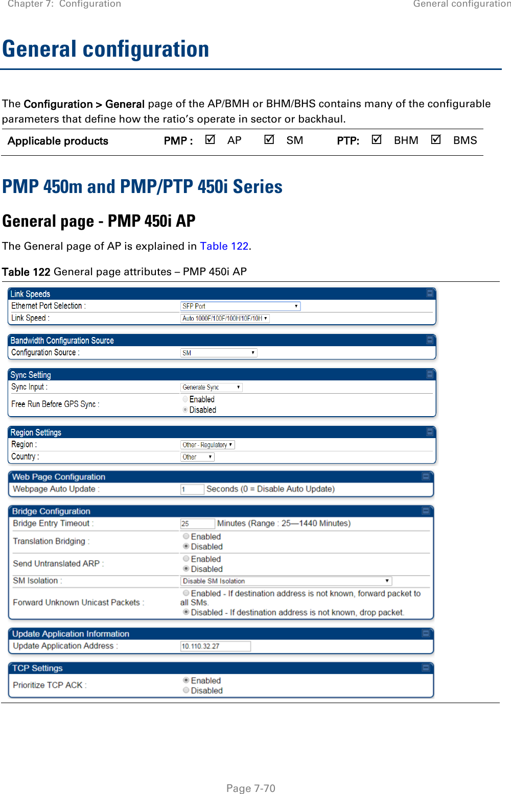 Chapter 7:  Configuration General configuration   Page 7-70 General configuration The Configuration &gt; General page of the AP/BMH or BHM/BHS contains many of the configurable parameters that define how the ratio’s operate in sector or backhaul. Applicable products PMP :  AP  SM PTP:  BHM  BMS PMP 450m and PMP/PTP 450i Series General page - PMP 450i AP  The General page of AP is explained in Table 122.  Table 122 General page attributes – PMP 450i AP    