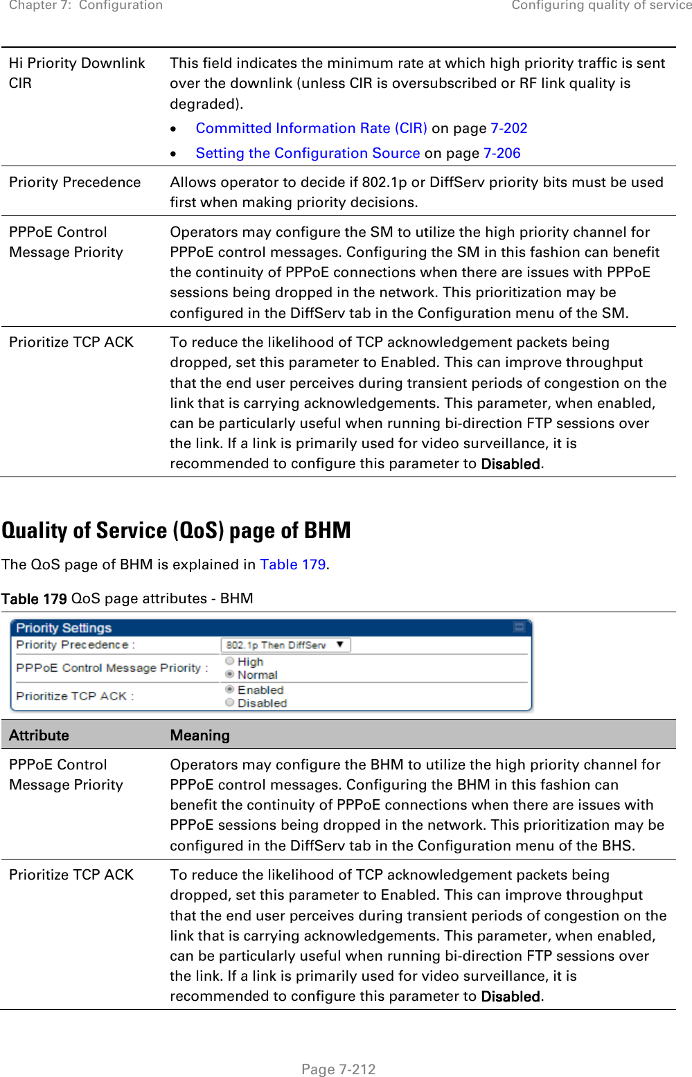 Chapter 7:  Configuration Configuring quality of service   Page 7-212 Hi Priority Downlink CIR This field indicates the minimum rate at which high priority traffic is sent over the downlink (unless CIR is oversubscribed or RF link quality is degraded). • Committed Information Rate (CIR) on page 7-202 • Setting the Configuration Source on page 7-206 Priority Precedence Allows operator to decide if 802.1p or DiffServ priority bits must be used first when making priority decisions. PPPoE Control Message Priority Operators may configure the SM to utilize the high priority channel for PPPoE control messages. Configuring the SM in this fashion can benefit the continuity of PPPoE connections when there are issues with PPPoE sessions being dropped in the network. This prioritization may be configured in the DiffServ tab in the Configuration menu of the SM. Prioritize TCP ACK To reduce the likelihood of TCP acknowledgement packets being dropped, set this parameter to Enabled. This can improve throughput that the end user perceives during transient periods of congestion on the link that is carrying acknowledgements. This parameter, when enabled, can be particularly useful when running bi-direction FTP sessions over the link. If a link is primarily used for video surveillance, it is recommended to configure this parameter to Disabled.  Quality of Service (QoS) page of BHM The QoS page of BHM is explained in Table 179. Table 179 QoS page attributes - BHM  Attribute Meaning PPPoE Control Message Priority Operators may configure the BHM to utilize the high priority channel for PPPoE control messages. Configuring the BHM in this fashion can benefit the continuity of PPPoE connections when there are issues with PPPoE sessions being dropped in the network. This prioritization may be configured in the DiffServ tab in the Configuration menu of the BHS. Prioritize TCP ACK To reduce the likelihood of TCP acknowledgement packets being dropped, set this parameter to Enabled. This can improve throughput that the end user perceives during transient periods of congestion on the link that is carrying acknowledgements. This parameter, when enabled, can be particularly useful when running bi-direction FTP sessions over the link. If a link is primarily used for video surveillance, it is recommended to configure this parameter to Disabled. 