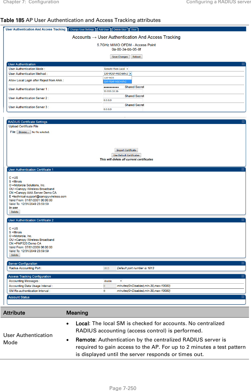 Chapter 7:  Configuration Configuring a RADIUS server   Page 7-250 Table 185 AP User Authentication and Access Tracking attributes  Attribute Meaning User Authentication Mode • Local: The local SM is checked for accounts. No centralized RADIUS accounting (access control) is performed. • Remote: Authentication by the centralized RADIUS server is required to gain access to the AP. For up to 2 minutes a test pattern is displayed until the server responds or times out. 