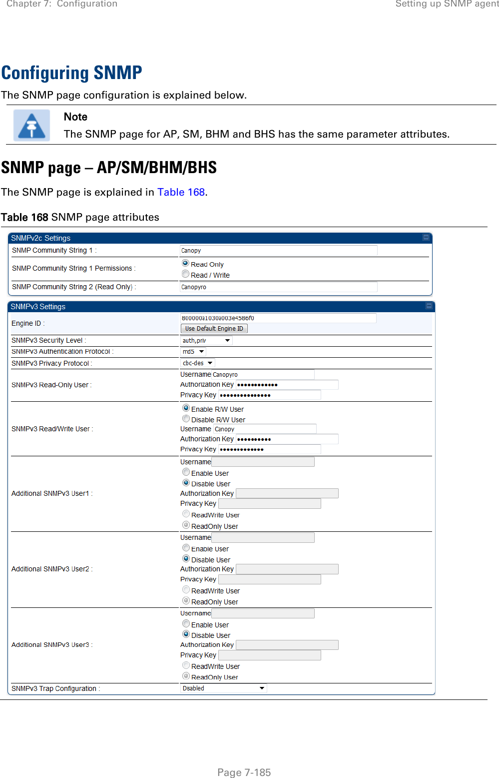 Chapter 7:  Configuration Setting up SNMP agent   Page 7-185  Configuring SNMP The SNMP page configuration is explained below.  Note The SNMP page for AP, SM, BHM and BHS has the same parameter attributes. SNMP page – AP/SM/BHM/BHS The SNMP page is explained in Table 168. Table 168 SNMP page attributes   