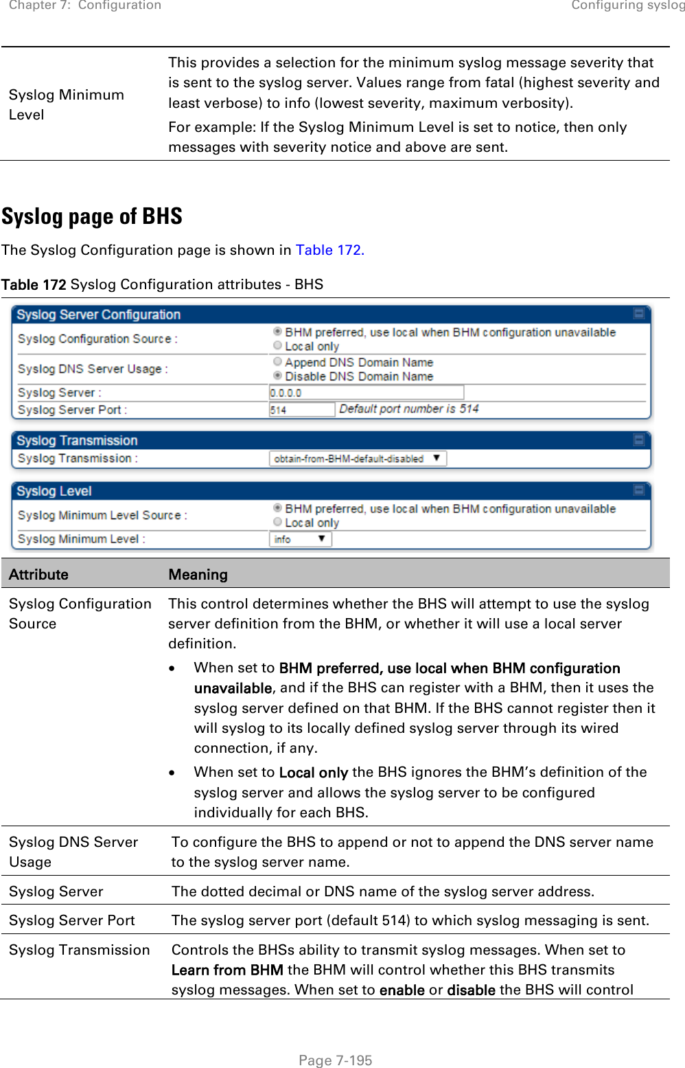 Chapter 7:  Configuration Configuring syslog   Page 7-195 Syslog Minimum Level  This provides a selection for the minimum syslog message severity that is sent to the syslog server. Values range from fatal (highest severity and least verbose) to info (lowest severity, maximum verbosity). For example: If the Syslog Minimum Level is set to notice, then only messages with severity notice and above are sent.  Syslog page of BHS The Syslog Configuration page is shown in Table 172. Table 172 Syslog Configuration attributes - BHS  Attribute Meaning Syslog Configuration Source This control determines whether the BHS will attempt to use the syslog server definition from the BHM, or whether it will use a local server definition. • When set to BHM preferred, use local when BHM configuration unavailable, and if the BHS can register with a BHM, then it uses the syslog server defined on that BHM. If the BHS cannot register then it will syslog to its locally defined syslog server through its wired connection, if any. • When set to Local only the BHS ignores the BHM’s definition of the syslog server and allows the syslog server to be configured individually for each BHS. Syslog DNS Server Usage  To configure the BHS to append or not to append the DNS server name to the syslog server name.  Syslog Server  The dotted decimal or DNS name of the syslog server address.  Syslog Server Port  The syslog server port (default 514) to which syslog messaging is sent.  Syslog Transmission Controls the BHSs ability to transmit syslog messages. When set to Learn from BHM the BHM will control whether this BHS transmits syslog messages. When set to enable or disable the BHS will control 