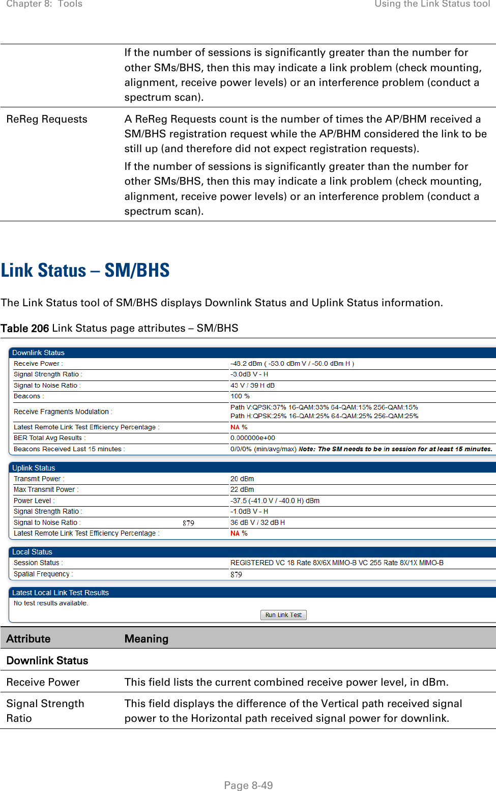 Chapter 8:  Tools Using the Link Status tool   Page 8-49 If the number of sessions is significantly greater than the number for other SMs/BHS, then this may indicate a link problem (check mounting, alignment, receive power levels) or an interference problem (conduct a spectrum scan). ReReg Requests A ReReg Requests count is the number of times the AP/BHM received a SM/BHS registration request while the AP/BHM considered the link to be still up (and therefore did not expect registration requests). If the number of sessions is significantly greater than the number for other SMs/BHS, then this may indicate a link problem (check mounting, alignment, receive power levels) or an interference problem (conduct a spectrum scan).  Link Status – SM/BHS The Link Status tool of SM/BHS displays Downlink Status and Uplink Status information. Table 206 Link Status page attributes – SM/BHS  Attribute Meaning Downlink Status  Receive Power This field lists the current combined receive power level, in dBm. Signal Strength Ratio This field displays the difference of the Vertical path received signal power to the Horizontal path received signal power for downlink. 