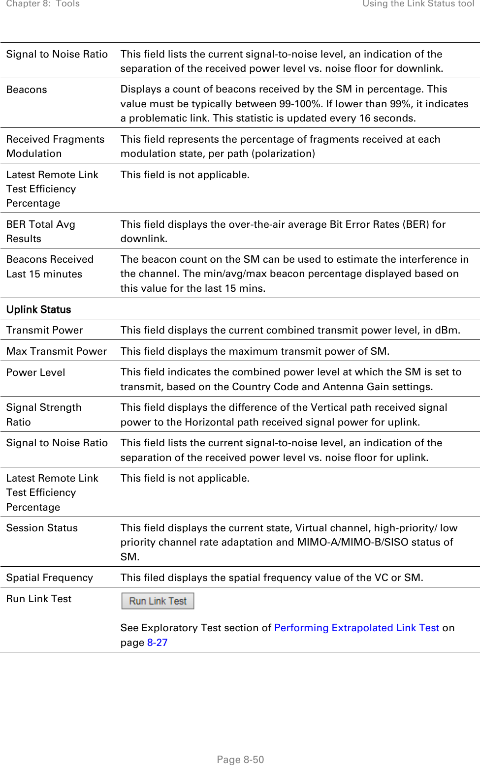 Chapter 8:  Tools Using the Link Status tool   Page 8-50 Signal to Noise Ratio This field lists the current signal-to-noise level, an indication of the separation of the received power level vs. noise floor for downlink. Beacons Displays a count of beacons received by the SM in percentage. This value must be typically between 99-100%. If lower than 99%, it indicates a problematic link. This statistic is updated every 16 seconds. Received Fragments Modulation This field represents the percentage of fragments received at each modulation state, per path (polarization) Latest Remote Link Test Efficiency Percentage This field is not applicable. BER Total Avg Results This field displays the over-the-air average Bit Error Rates (BER) for downlink. Beacons Received Last 15 minutes The beacon count on the SM can be used to estimate the interference in the channel. The min/avg/max beacon percentage displayed based on this value for the last 15 mins. Uplink Status  Transmit Power This field displays the current combined transmit power level, in dBm. Max Transmit Power This field displays the maximum transmit power of SM. Power Level This field indicates the combined power level at which the SM is set to transmit, based on the Country Code and Antenna Gain settings. Signal Strength Ratio This field displays the difference of the Vertical path received signal power to the Horizontal path received signal power for uplink. Signal to Noise Ratio This field lists the current signal-to-noise level, an indication of the separation of the received power level vs. noise floor for uplink. Latest Remote Link Test Efficiency Percentage This field is not applicable. Session Status This field displays the current state, Virtual channel, high-priority/ low priority channel rate adaptation and MIMO-A/MIMO-B/SISO status of SM. Spatial Frequency This filed displays the spatial frequency value of the VC or SM. Run Link Test  See Exploratory Test section of Performing Extrapolated Link Test on page 8-27  