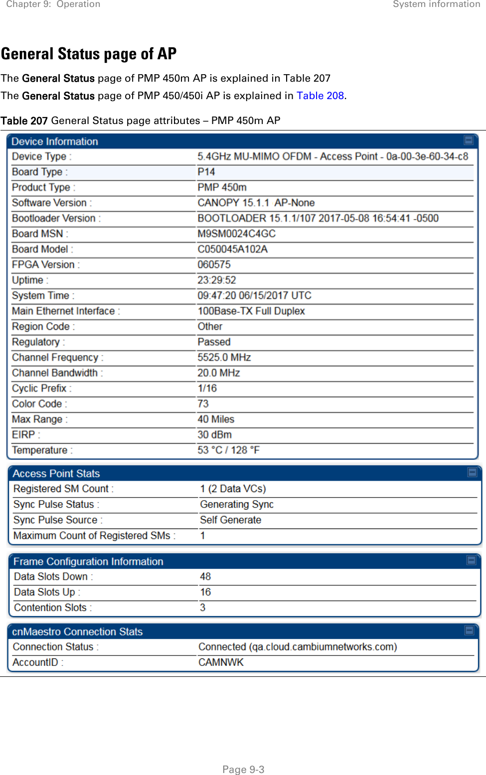 Chapter 9:  Operation System information   Page 9-3 General Status page of AP The General Status page of PMP 450m AP is explained in Table 207 The General Status page of PMP 450/450i AP is explained in Table 208. Table 207 General Status page attributes – PMP 450m AP     