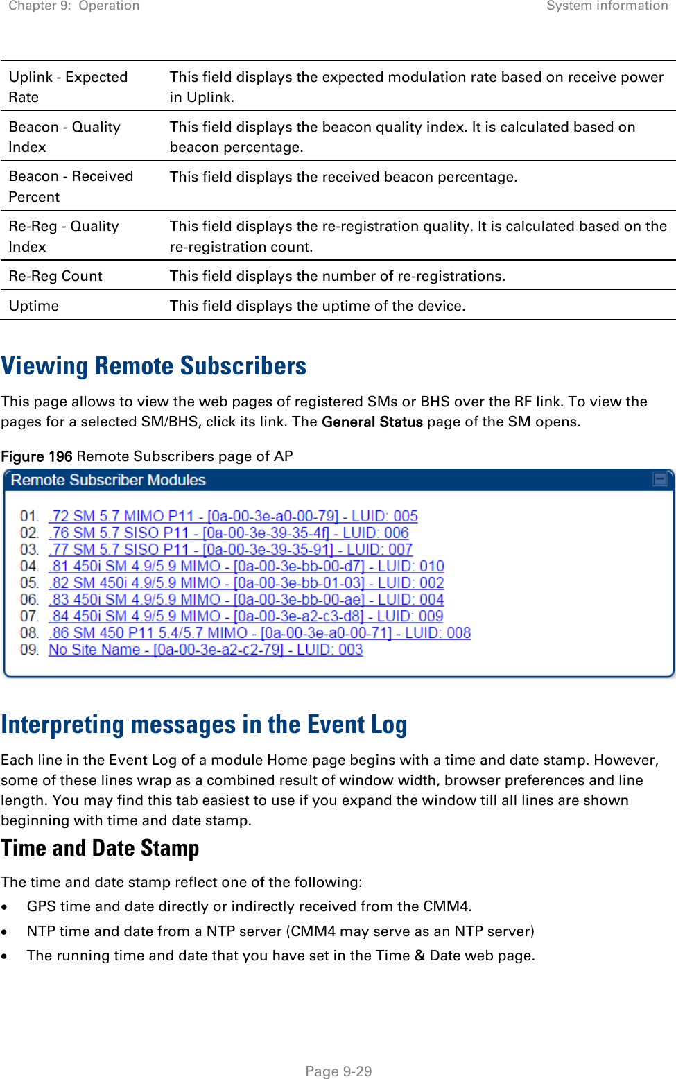 Chapter 9:  Operation System information   Page 9-29 Uplink - Expected Rate This field displays the expected modulation rate based on receive power in Uplink. Beacon - Quality Index This field displays the beacon quality index. It is calculated based on beacon percentage. Beacon - Received Percent This field displays the received beacon percentage. Re-Reg - Quality Index This field displays the re-registration quality. It is calculated based on the re-registration count. Re-Reg Count This field displays the number of re-registrations. Uptime  This field displays the uptime of the device.  Viewing Remote Subscribers This page allows to view the web pages of registered SMs or BHS over the RF link. To view the pages for a selected SM/BHS, click its link. The General Status page of the SM opens. Figure 196 Remote Subscribers page of AP   Interpreting messages in the Event Log Each line in the Event Log of a module Home page begins with a time and date stamp. However, some of these lines wrap as a combined result of window width, browser preferences and line length. You may find this tab easiest to use if you expand the window till all lines are shown beginning with time and date stamp. Time and Date Stamp The time and date stamp reflect one of the following: • GPS time and date directly or indirectly received from the CMM4. • NTP time and date from a NTP server (CMM4 may serve as an NTP server) • The running time and date that you have set in the Time &amp; Date web page. 