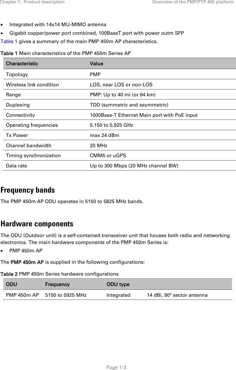 Chapter 1:  Product description Overview of the PMP/PTP 450 platform   Page 1-3  Integrated with 14x14 MU-MIMO antenna  Gigabit copper/power port combined, 100BaseT port with power outm SFP Table 1 gives a summary of the main PMP 450m AP characteristics. Table 1 Main characteristics of the PMP 450m Series AP Characteristic Value Topology PMP Wireless link condition LOS, near LOS or non-LOS Range PMP: Up to 40 mi (or 64 km) Duplexing TDD (symmetric and asymmetric) Connectivity 1000Base-T Ethernet Main port with PoE input Operating frequencies 5.150 to 5.925 GHz Tx Power max 24 dBm Channel bandwidth 20 MHz Timing synchronization CMM5 or uGPS Data rate Up to 300 Mbps (20 MHz channel BW)  Frequency bands The PMP 450m AP ODU operates in 5150 to 5825 MHz bands.  Hardware components The ODU (Outdoor unit) is a self-contained transceiver unit that houses both radio and networking electronics. The main hardware components of the PMP 450m Series is:  PMP 450m AP The PMP 450m AP is supplied in the following configurations: Table 2 PMP 450m Series hardware configurations ODU Frequency ODU type  PMP 450m AP 5150 to 5925 MHz Integrated 14 dBi, 90° sector antenna   
