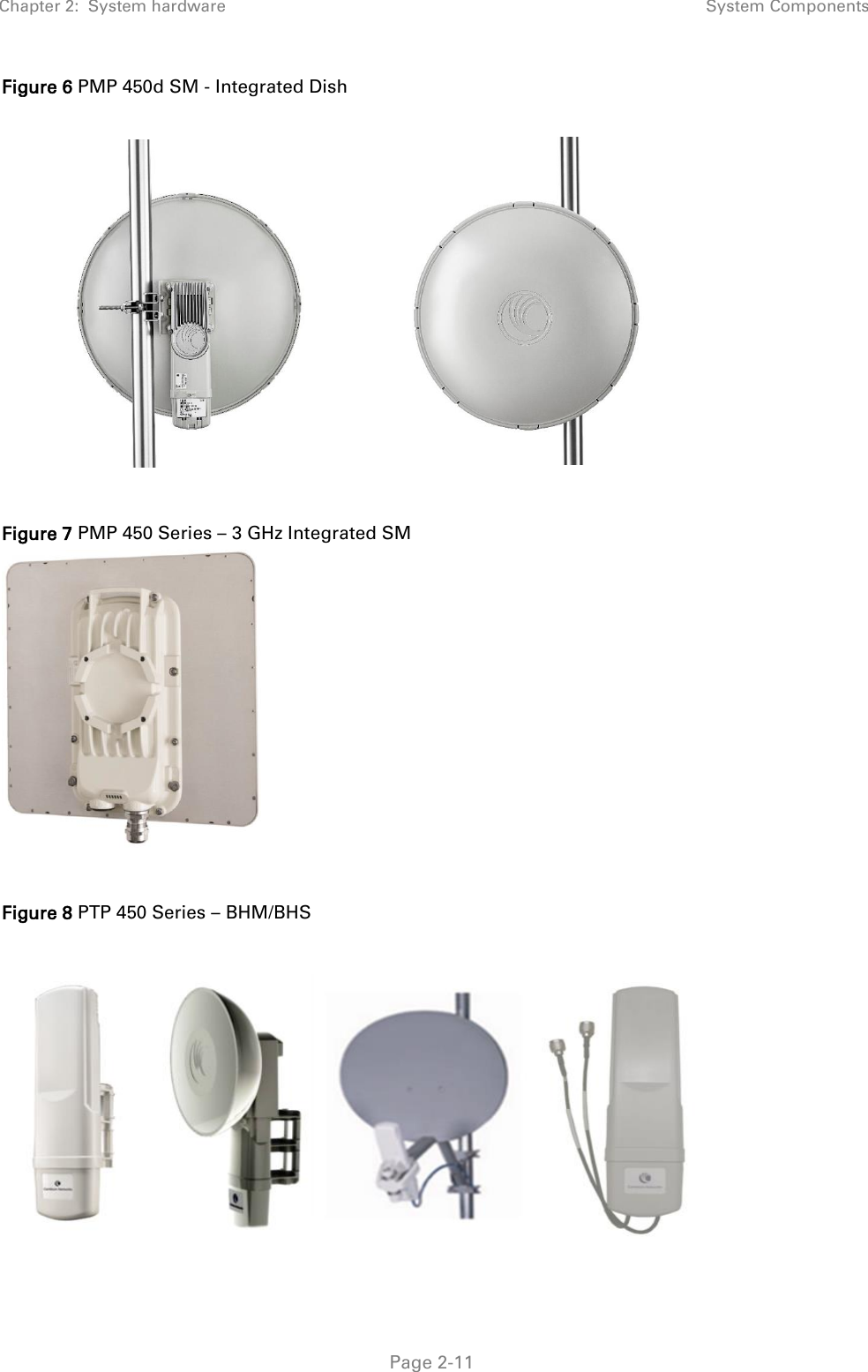 Chapter 2:  System hardware System Components   Page 2-11 Figure 6 PMP 450d SM - Integrated Dish    Figure 7 PMP 450 Series – 3 GHz Integrated SM   Figure 8 PTP 450 Series – BHM/BHS   