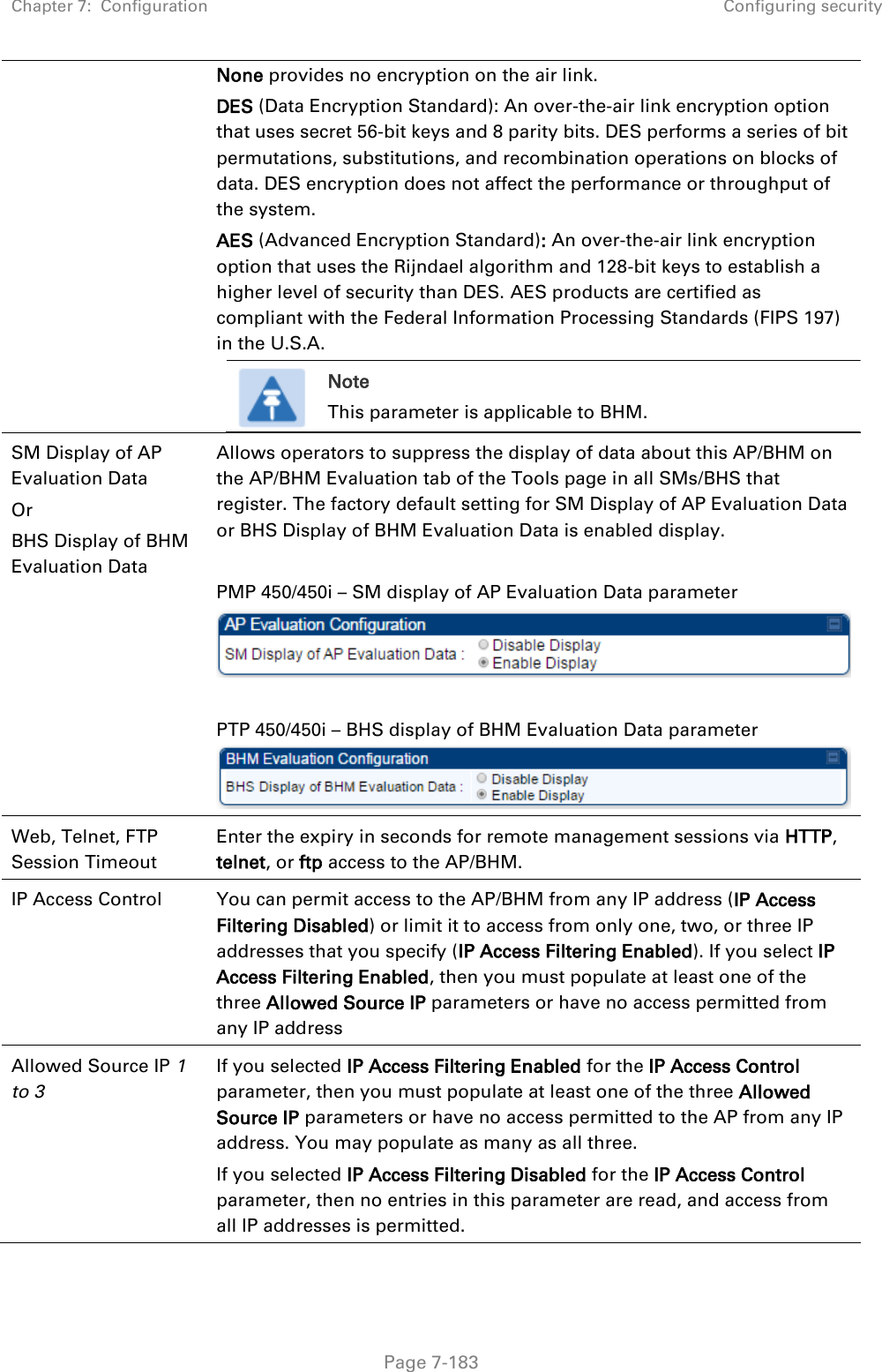 Chapter 7:  Configuration Configuring security   Page 7-183  None provides no encryption on the air link.  DES (Data Encryption Standard): An over-the-air link encryption option that uses secret 56-bit keys and 8 parity bits. DES performs a series of bit permutations, substitutions, and recombination operations on blocks of data. DES encryption does not affect the performance or throughput of the system. AES (Advanced Encryption Standard): An over-the-air link encryption option that uses the Rijndael algorithm and 128-bit keys to establish a higher level of security than DES. AES products are certified as compliant with the Federal Information Processing Standards (FIPS 197) in the U.S.A.  Note This parameter is applicable to BHM.  SM Display of AP Evaluation Data Or  BHS Display of BHM Evaluation Data Allows operators to suppress the display of data about this AP/BHM on the AP/BHM Evaluation tab of the Tools page in all SMs/BHS that register. The factory default setting for SM Display of AP Evaluation Data or BHS Display of BHM Evaluation Data is enabled display.  PMP 450/450i – SM display of AP Evaluation Data parameter   PTP 450/450i – BHS display of BHM Evaluation Data parameter  Web, Telnet, FTP Session Timeout Enter the expiry in seconds for remote management sessions via HTTP, telnet, or ftp access to the AP/BHM. IP Access Control You can permit access to the AP/BHM from any IP address (IP Access Filtering Disabled) or limit it to access from only one, two, or three IP addresses that you specify (IP Access Filtering Enabled). If you select IP Access Filtering Enabled, then you must populate at least one of the three Allowed Source IP parameters or have no access permitted from any IP address Allowed Source IP 1 to 3  If you selected IP Access Filtering Enabled for the IP Access Control parameter, then you must populate at least one of the three Allowed Source IP parameters or have no access permitted to the AP from any IP address. You may populate as many as all three. If you selected IP Access Filtering Disabled for the IP Access Control parameter, then no entries in this parameter are read, and access from all IP addresses is permitted. 