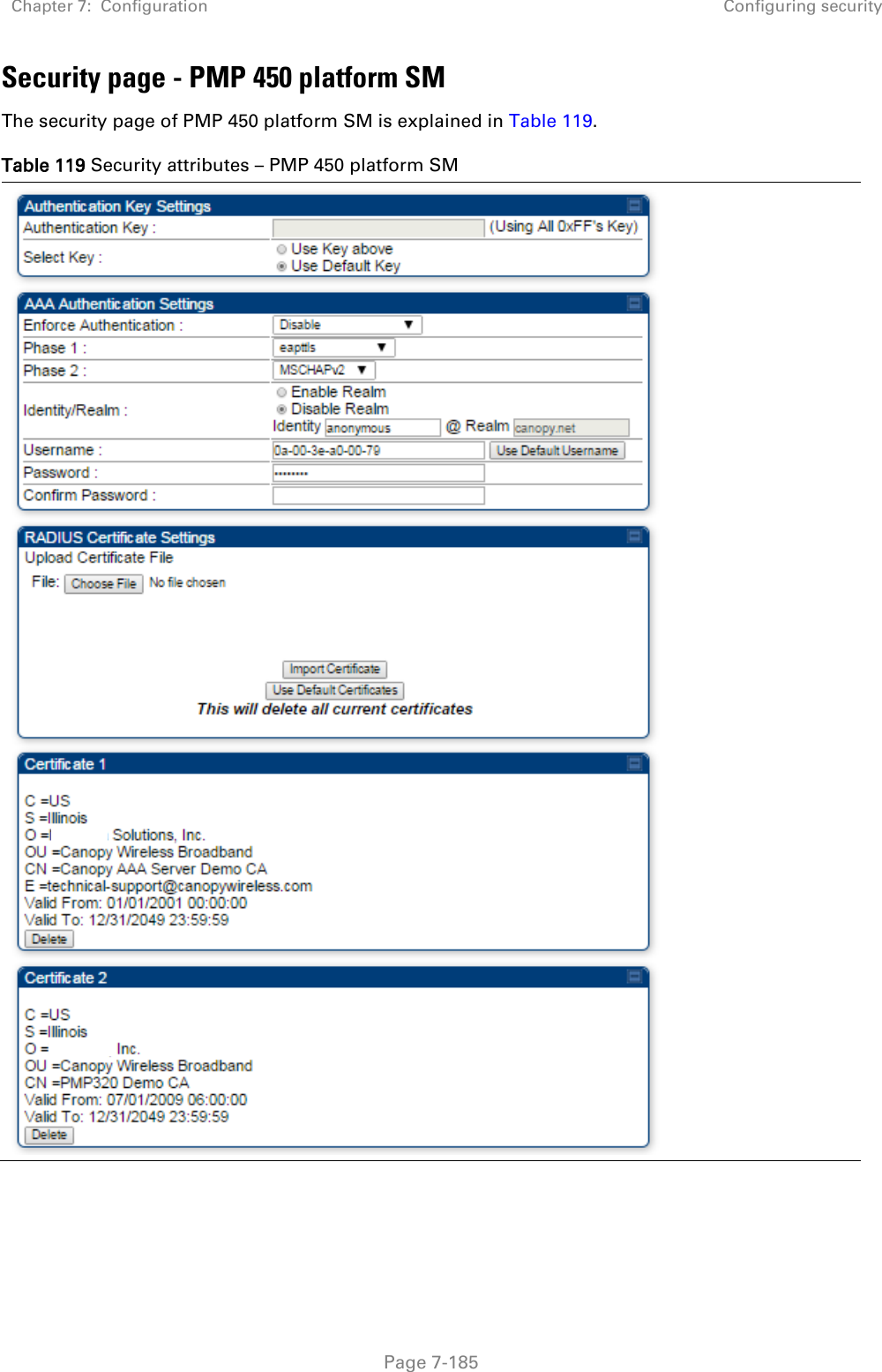 Chapter 7:  Configuration Configuring security   Page 7-185 Security page - PMP 450 platform SM The security page of PMP 450 platform SM is explained in Table 119. Table 119 Security attributes – PMP 450 platform SM  