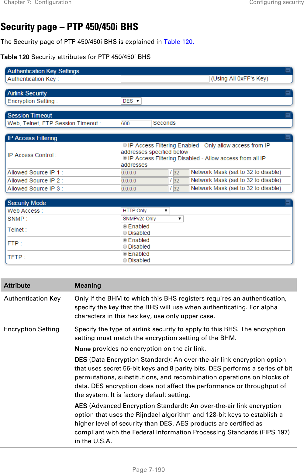 Chapter 7:  Configuration Configuring security   Page 7-190 Security page – PTP 450/450i BHS The Security page of PTP 450/450i BHS is explained in Table 120. Table 120 Security attributes for PTP 450/450i BHS   Attribute Meaning Authentication Key Only if the BHM to which this BHS registers requires an authentication, specify the key that the BHS will use when authenticating. For alpha characters in this hex key, use only upper case. Encryption Setting Specify the type of airlink security to apply to this BHS. The encryption setting must match the encryption setting of the BHM. None provides no encryption on the air link.  DES (Data Encryption Standard): An over-the-air link encryption option that uses secret 56-bit keys and 8 parity bits. DES performs a series of bit permutations, substitutions, and recombination operations on blocks of data. DES encryption does not affect the performance or throughput of the system. It is factory default setting. AES (Advanced Encryption Standard): An over-the-air link encryption option that uses the Rijndael algorithm and 128-bit keys to establish a higher level of security than DES. AES products are certified as compliant with the Federal Information Processing Standards (FIPS 197) in the U.S.A. 